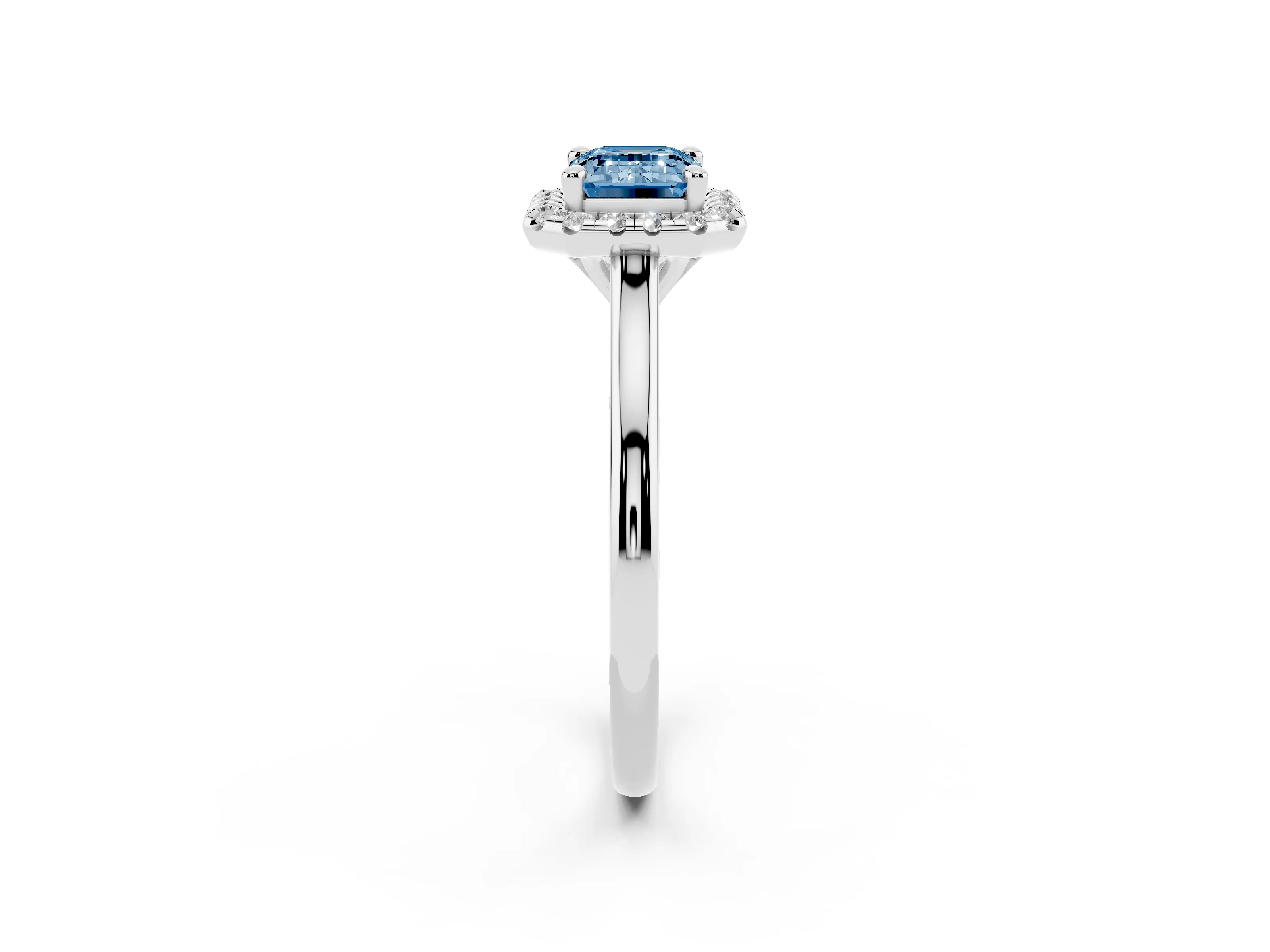 Fancy Blue Emerald Cut Diamond Halo Engagement Ring Set in Silver with Pavé Band and Rising Shoulders