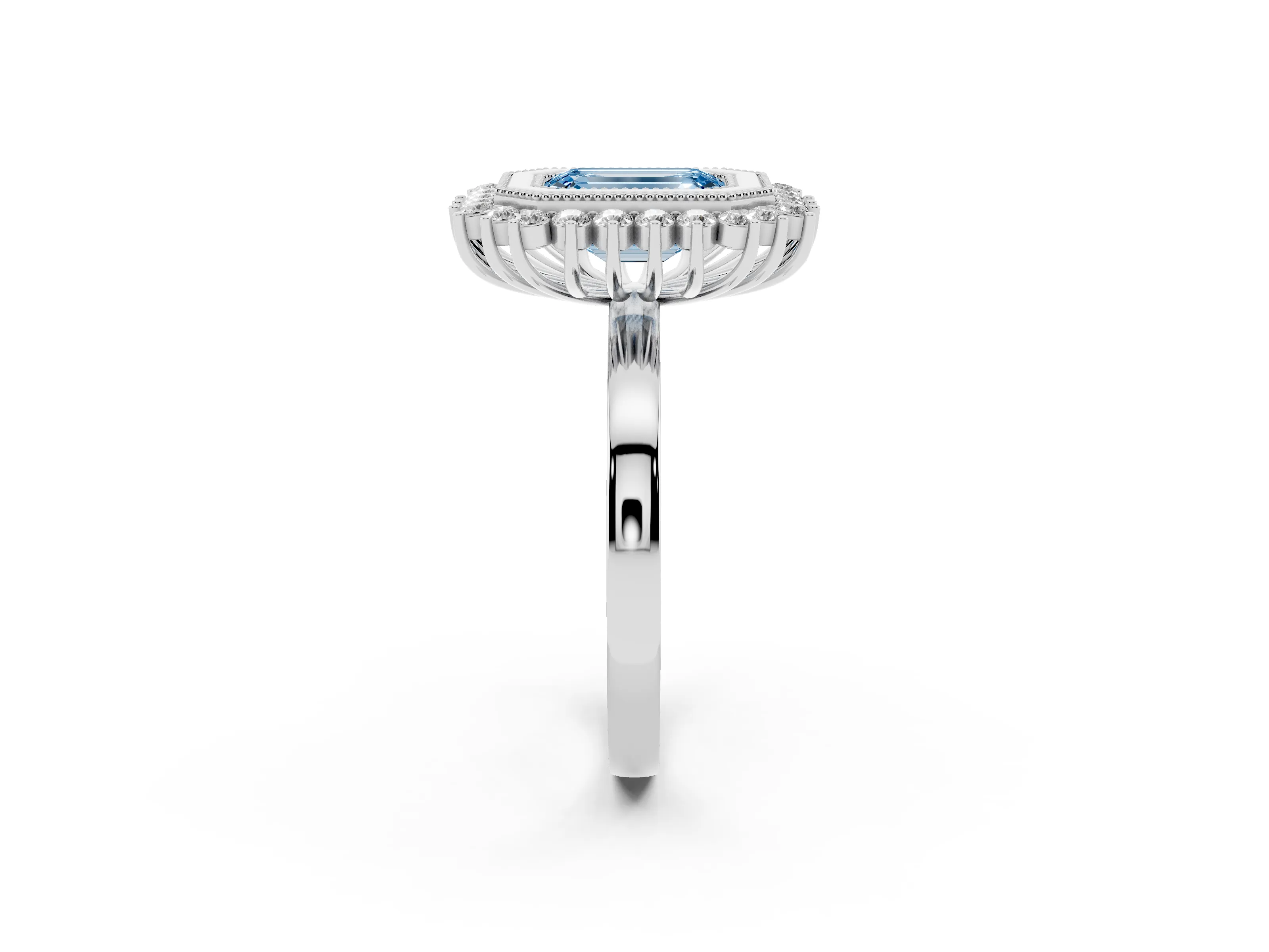 Fancy Blue Emerald Cut Diamond Halo Ring Set in Silver with Milgrain Edge and Round Prong Setting