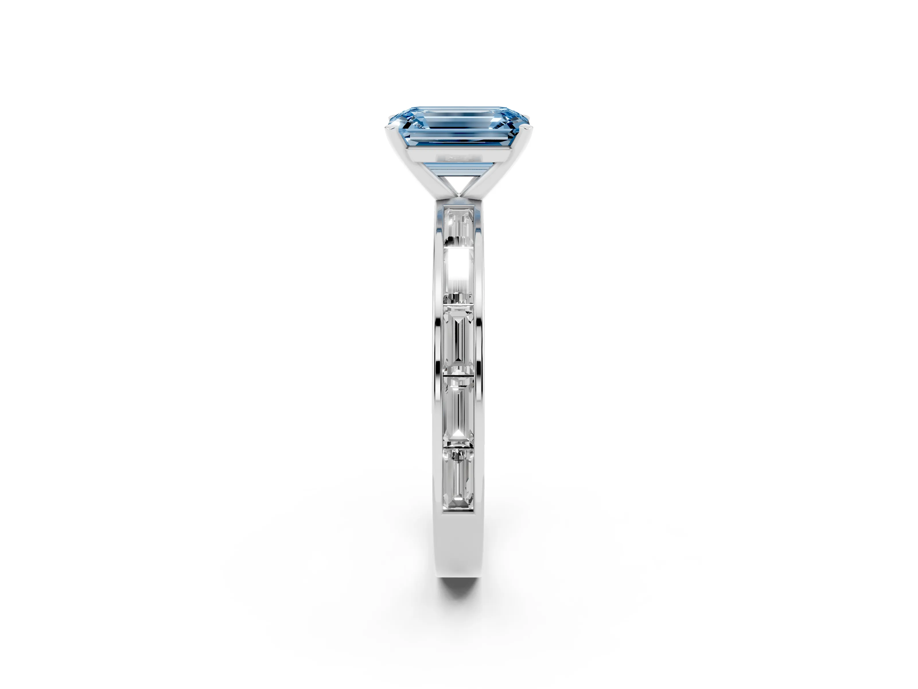 Fancy Blue Emerald Cut Diamond Solitaire Ring Set in White gold with Channel-Set Baguette Band and Prong Setting