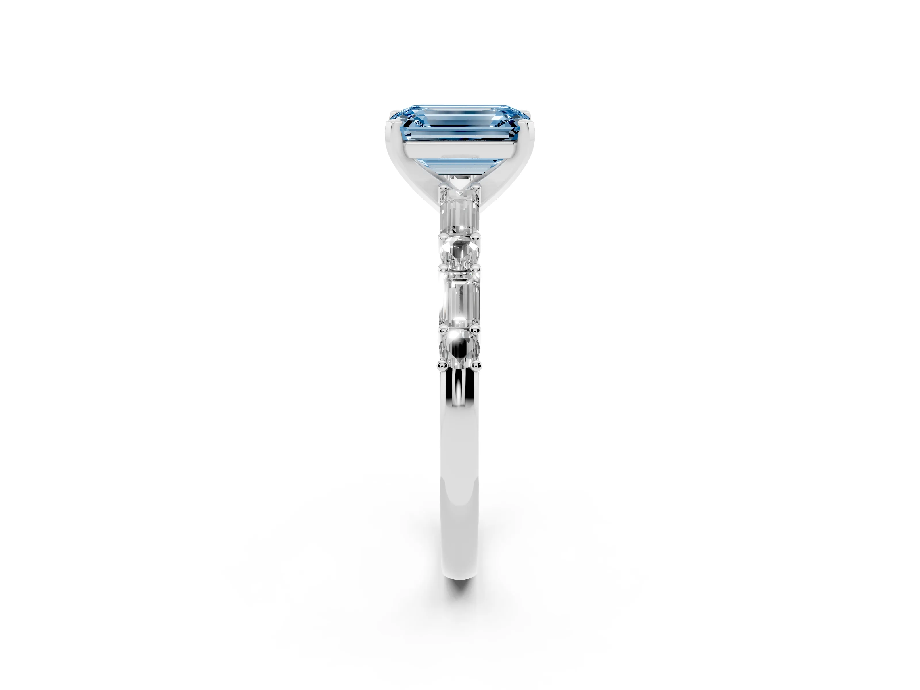 Fancy Blue Emerald Cut Diamond Solitaire Set in Silver with Side Baguettes and Channel Set Band