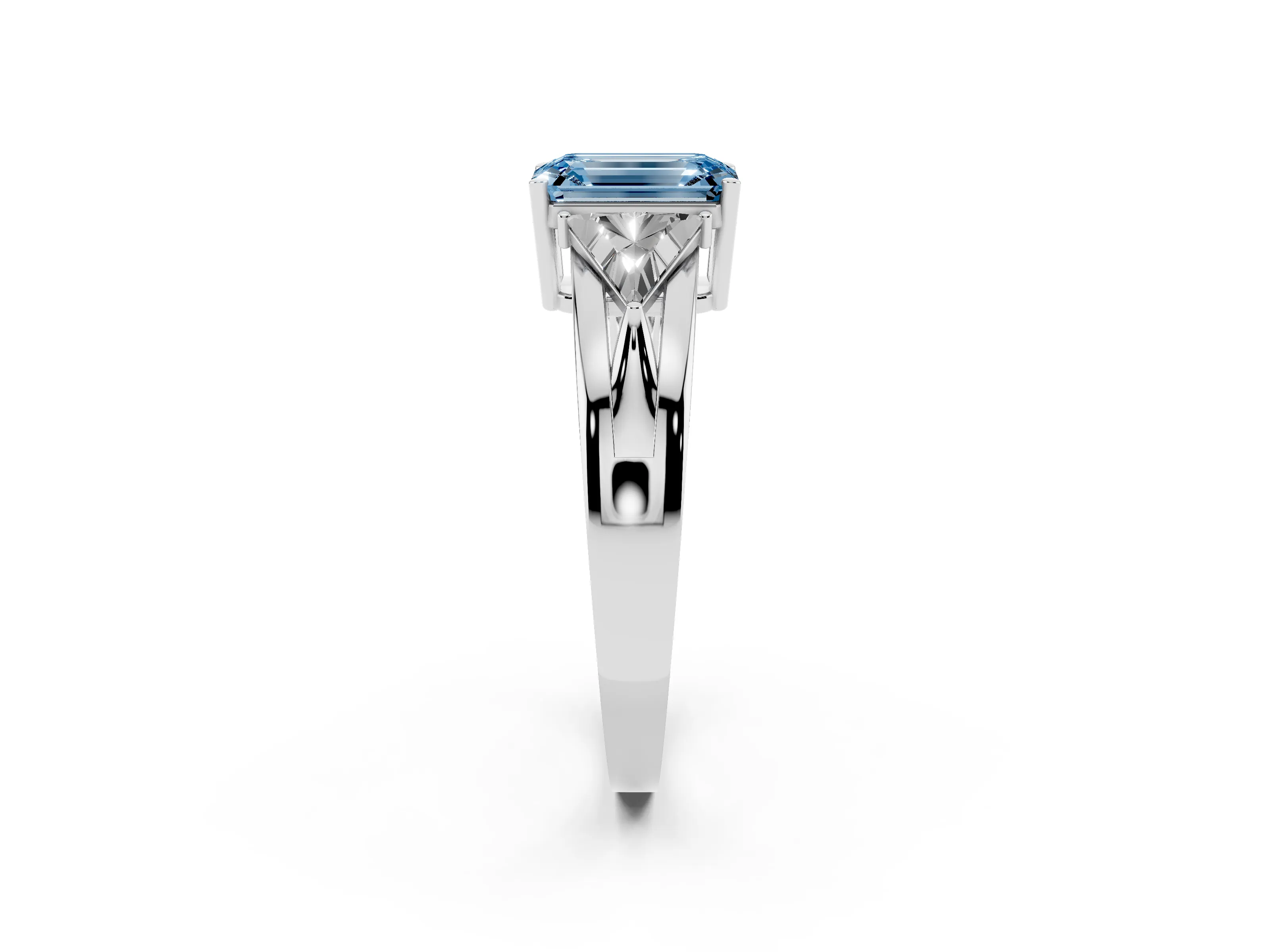 Fancy Blue Emerald Cut Diamond Three-Stone Ring Set in Silver with Trillion Side Stones and Split Shank