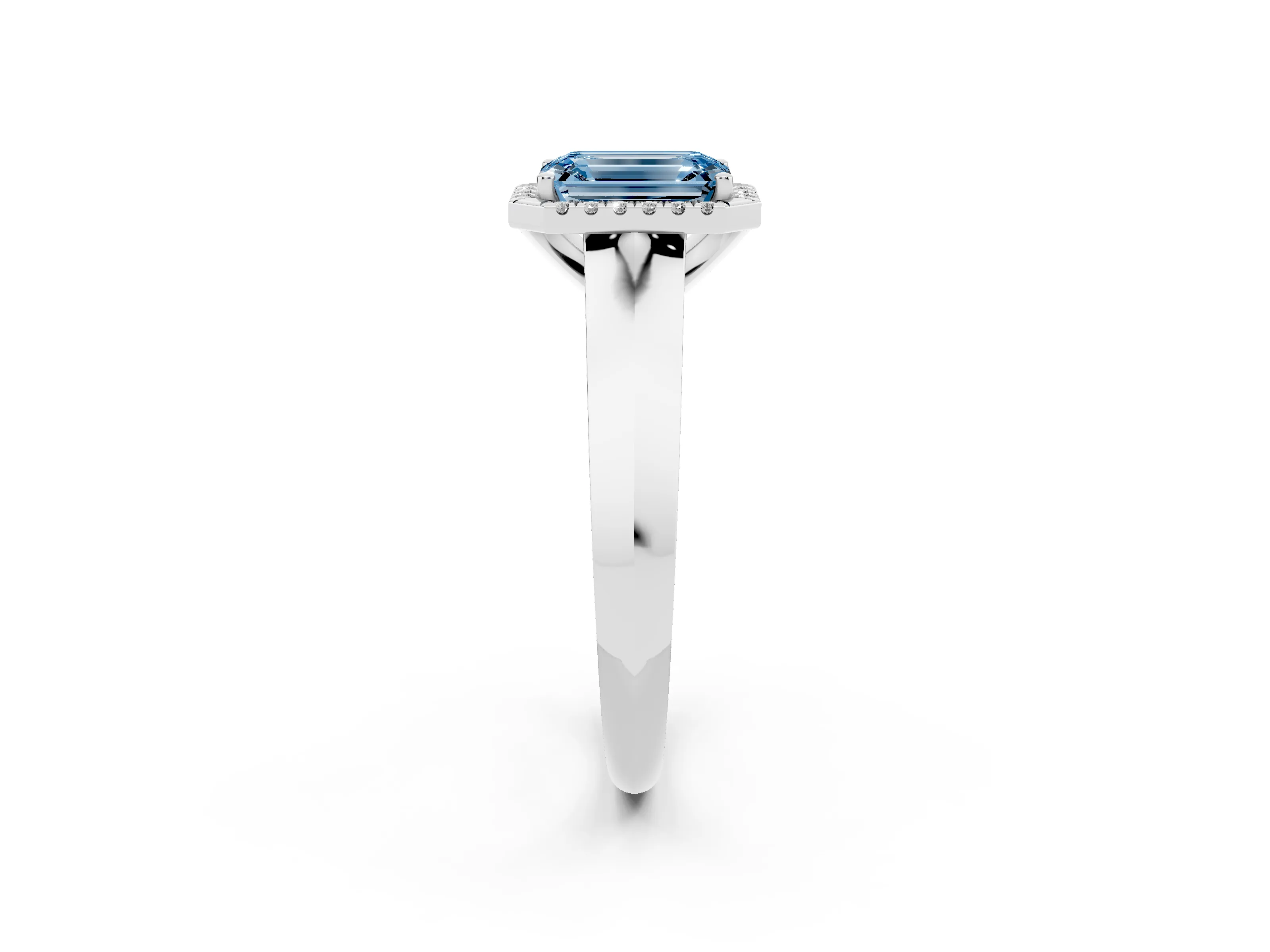 Fancy Blue Emerald Cut Diamond Halo Ring Set in White gold with Cathedral Band and Prong Setting
