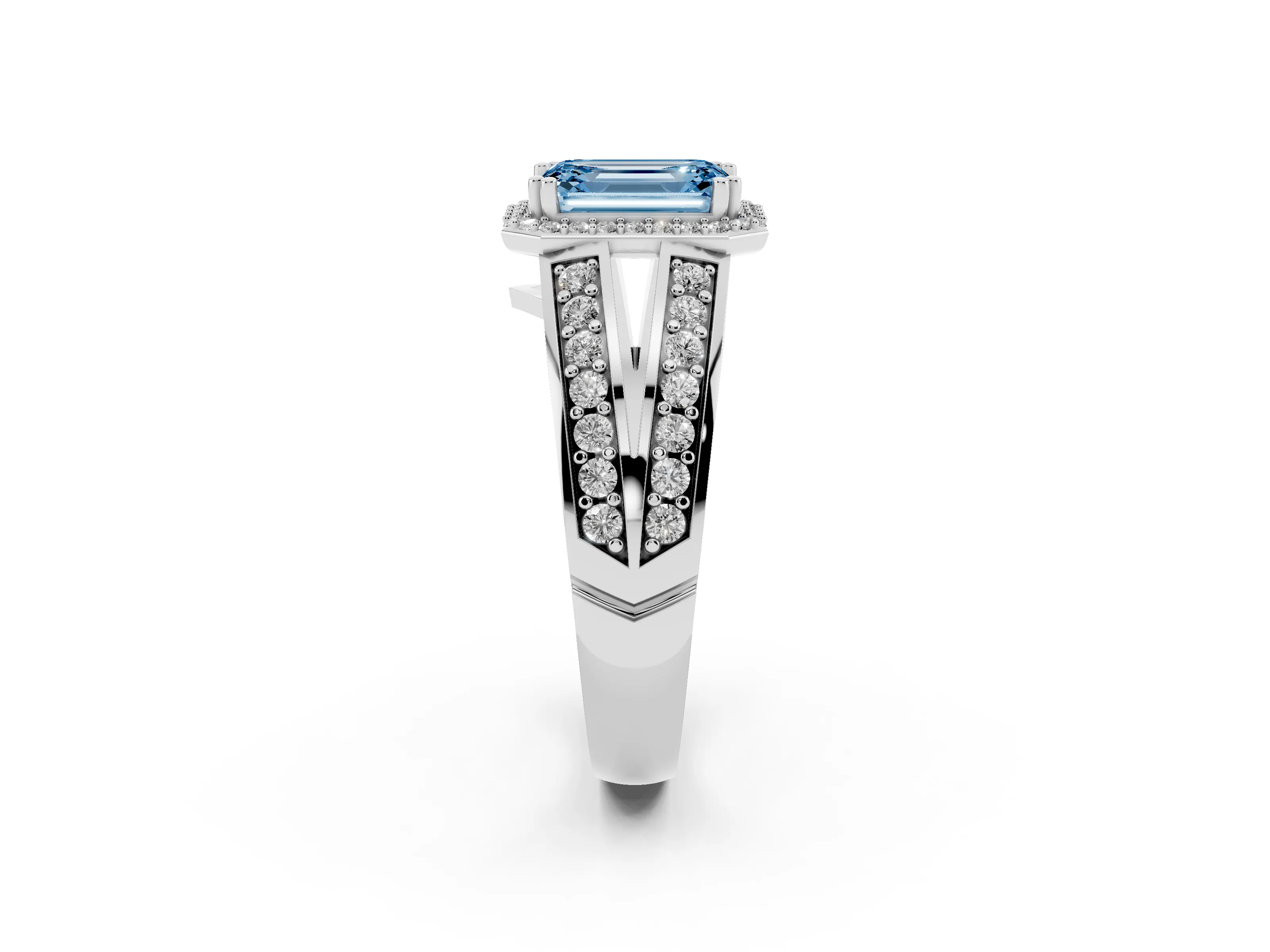 Fancy Blue Emerald Cut Diamond Halo Ring Set in White gold with Double Pavé Split Shank