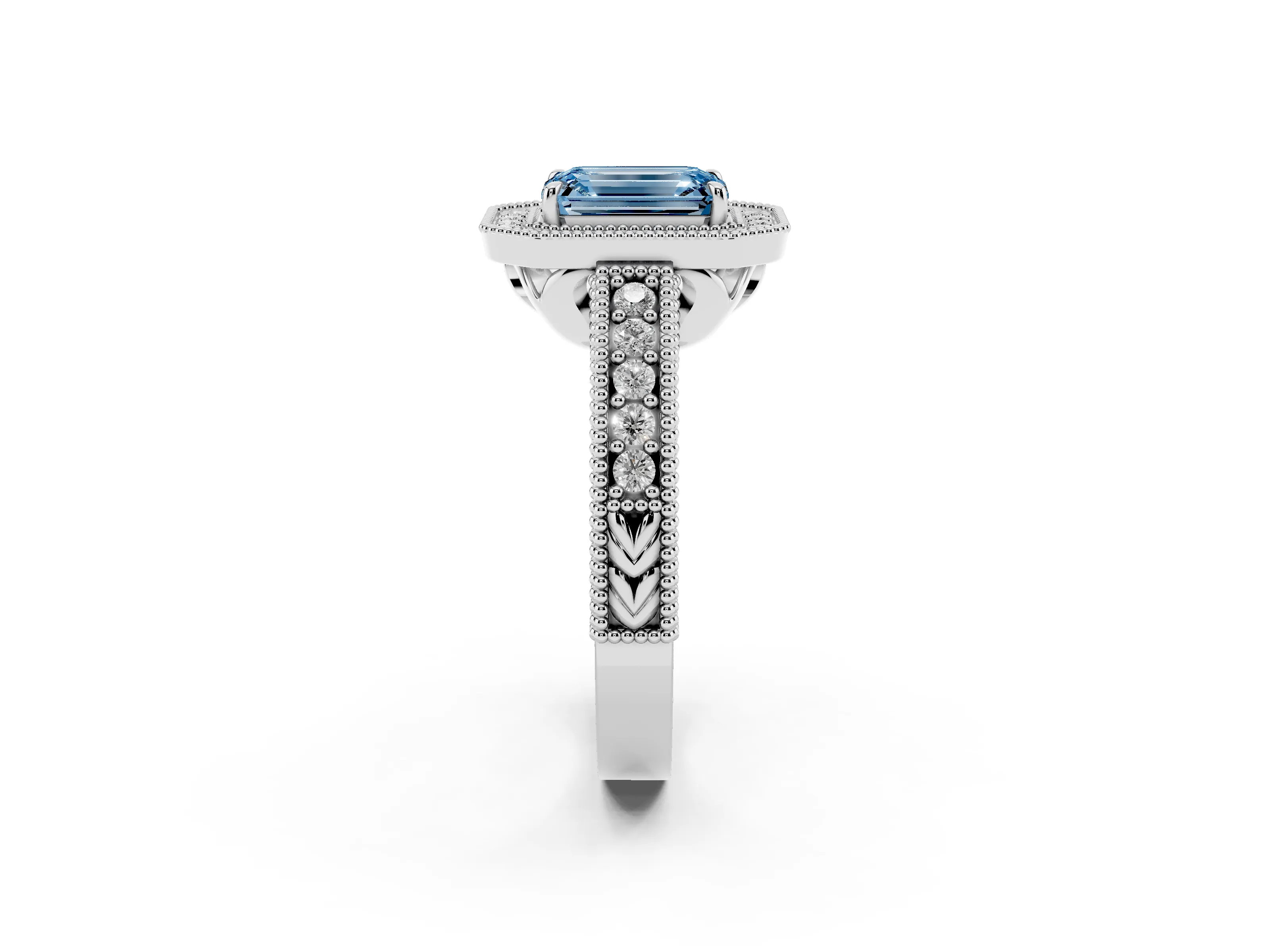Fancy Blue Emerald Cut Diamond Halo Ring Set in White gold with Round Accent Halo, Pavé Band and Prong Setting