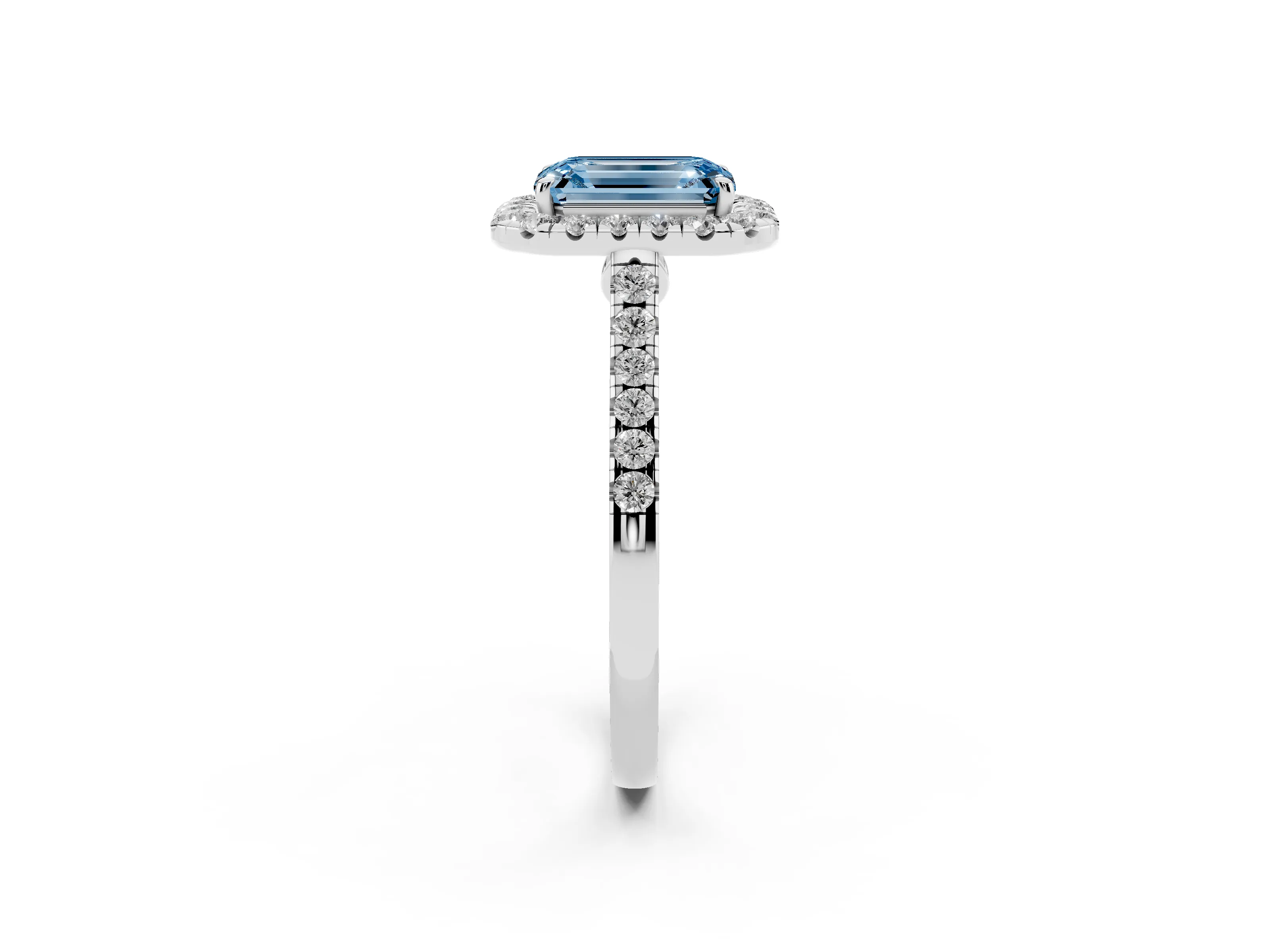 Fancy Blue Emerald Cut Diamond Halo Pavé Engagement Ring Set in Platinum with Prong Setting