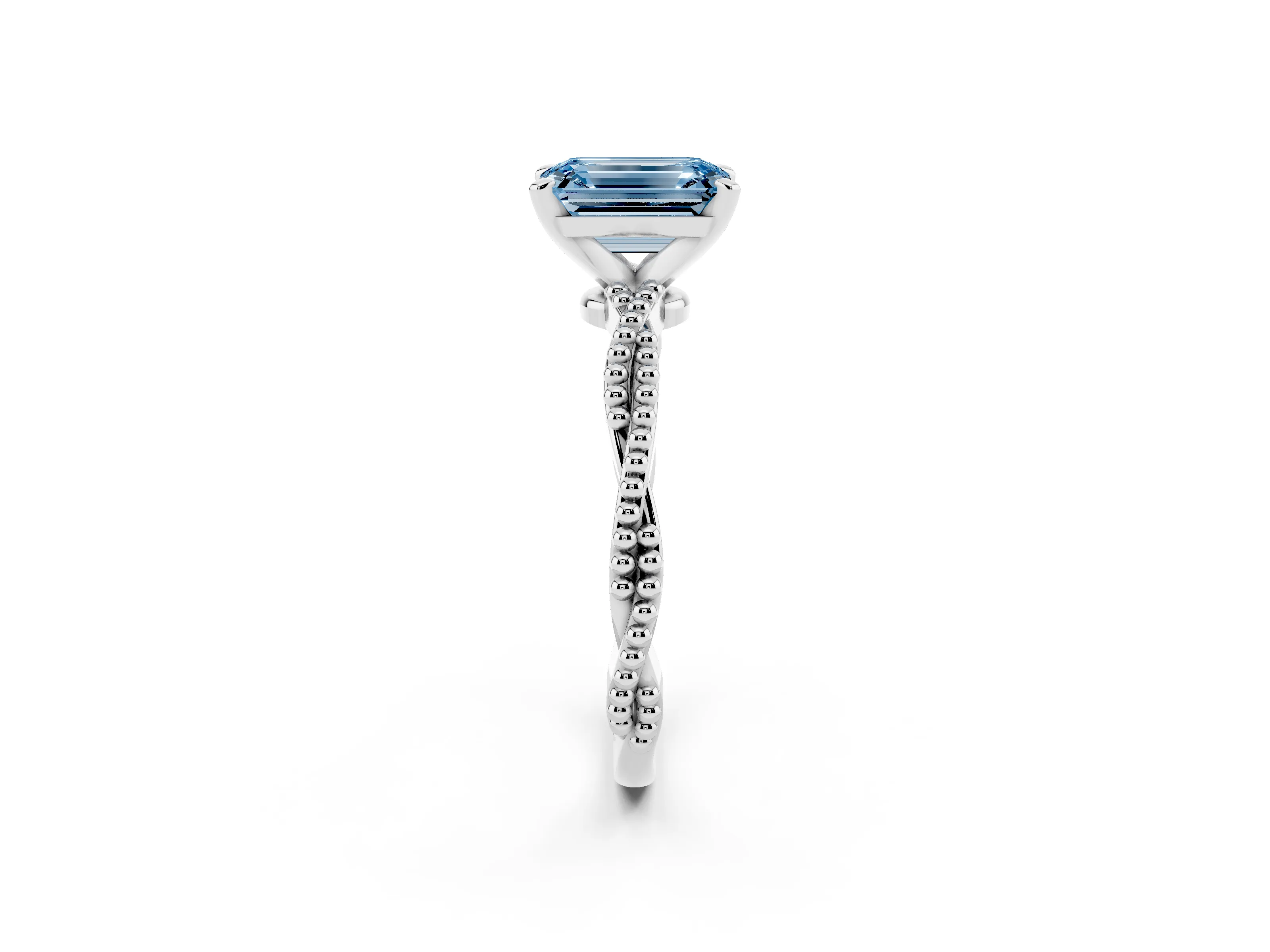 Fancy Blue Emerald Cut Diamond Solitaire Ring Set in White gold with Twisted Band and Bead Prong Setting