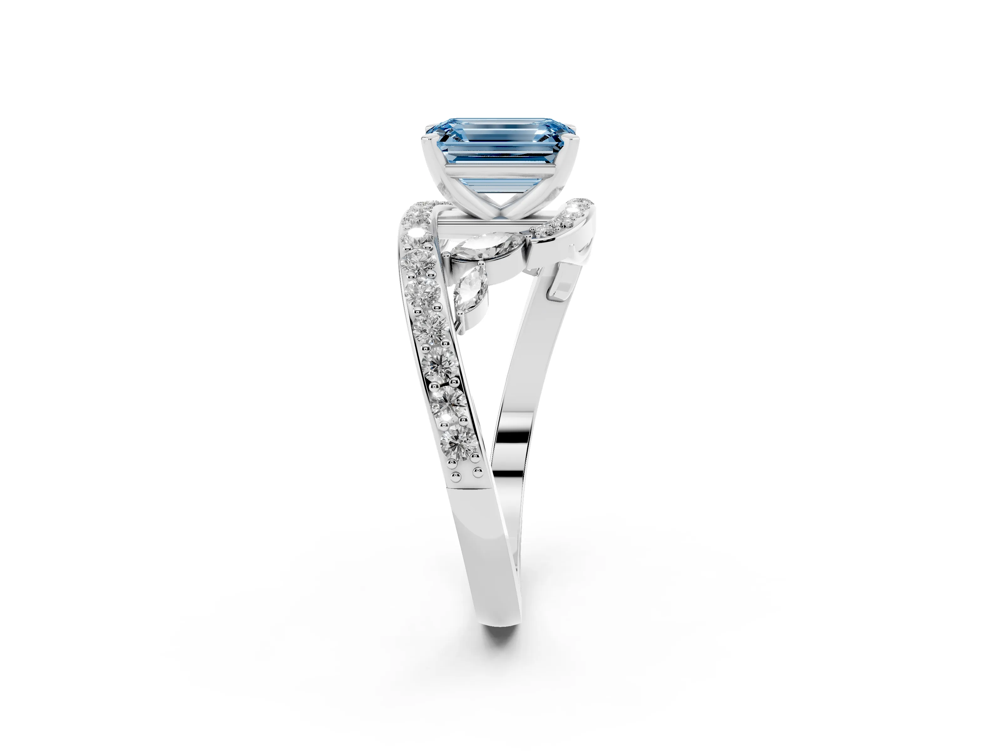 Fancy Blue Emerald Cut Diamond Solitaire Ring Set in Platinum with Pavé Twist Band and Secure Prong Setting