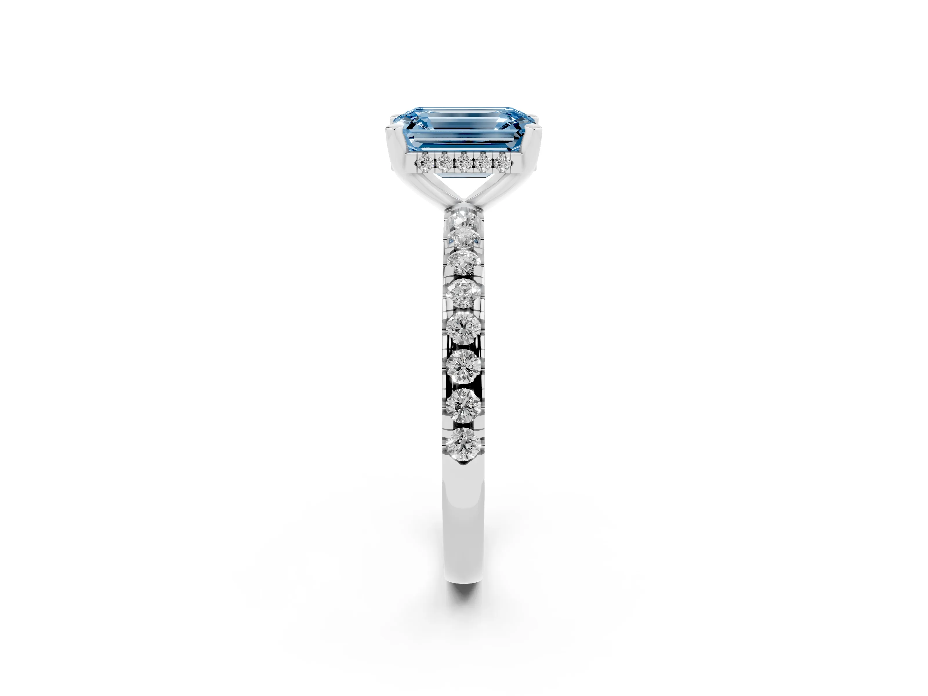 Fancy Blue Emerald Cut Diamond Pavé Solitaire Ring Set in White gold with Round Band Accents and Prong Setting