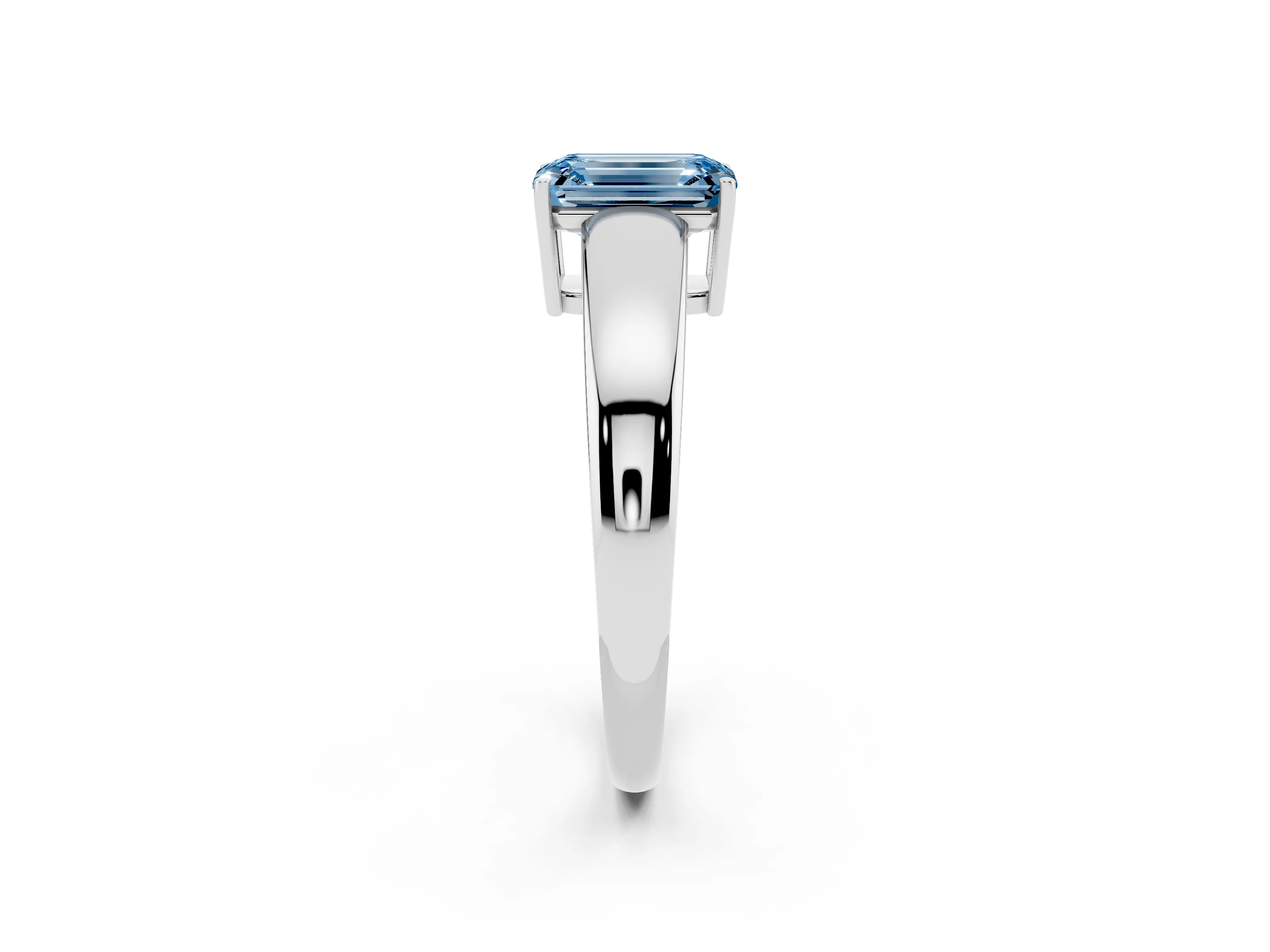 Fancy Blue Emerald Cut Diamond Solitaire Ring Set in White gold with Tapered Band and Prong Setting