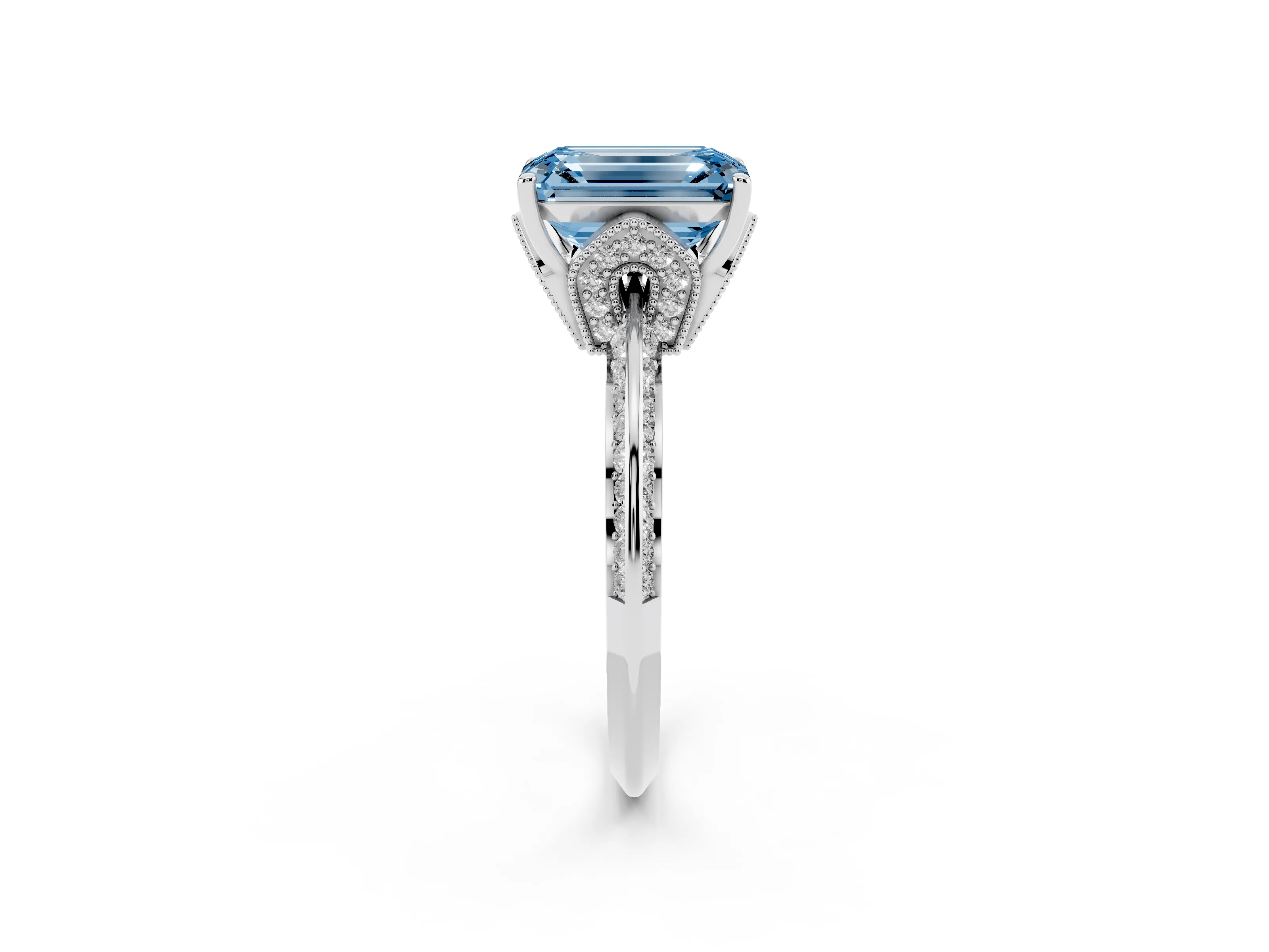 Fancy Blue Emerald Cut Diamond Solitaire Engagement Ring Set in Platinum with Pavé Split Shank and Prong Setting