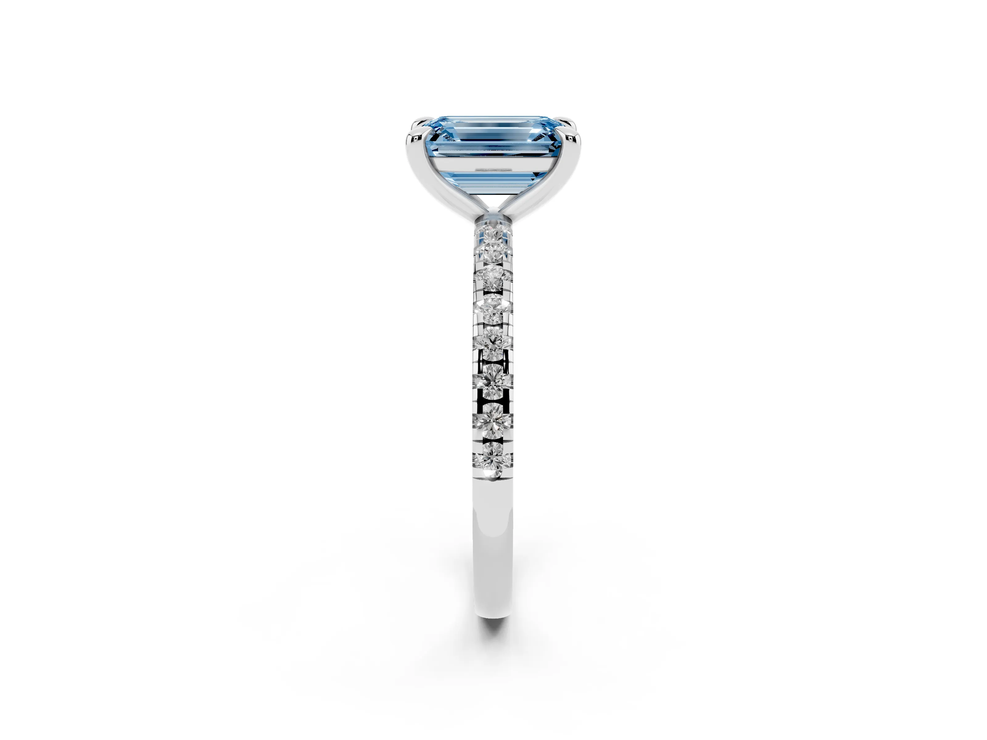 Fancy Blue Emerald Cut Diamond Brilliant Solitaire Ring Set in White gold with Pavé Band and Prong Setting