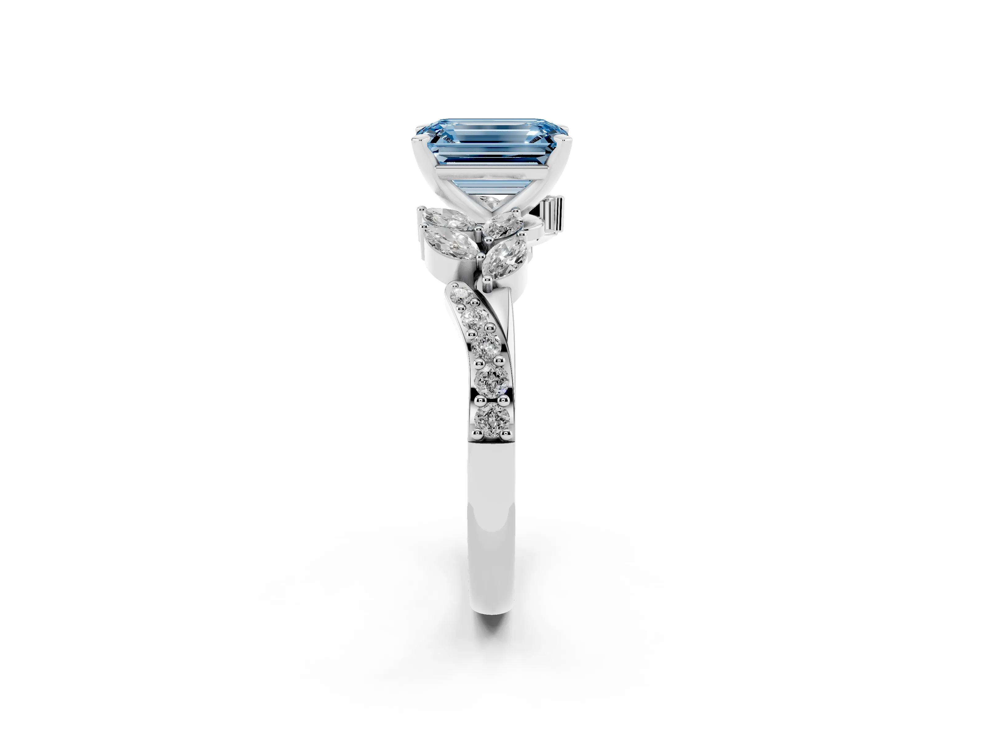 Fancy Blue Emerald Cut Diamond Solitaire Ring Set in Silver with Marquise Twist Band and Prong Setting