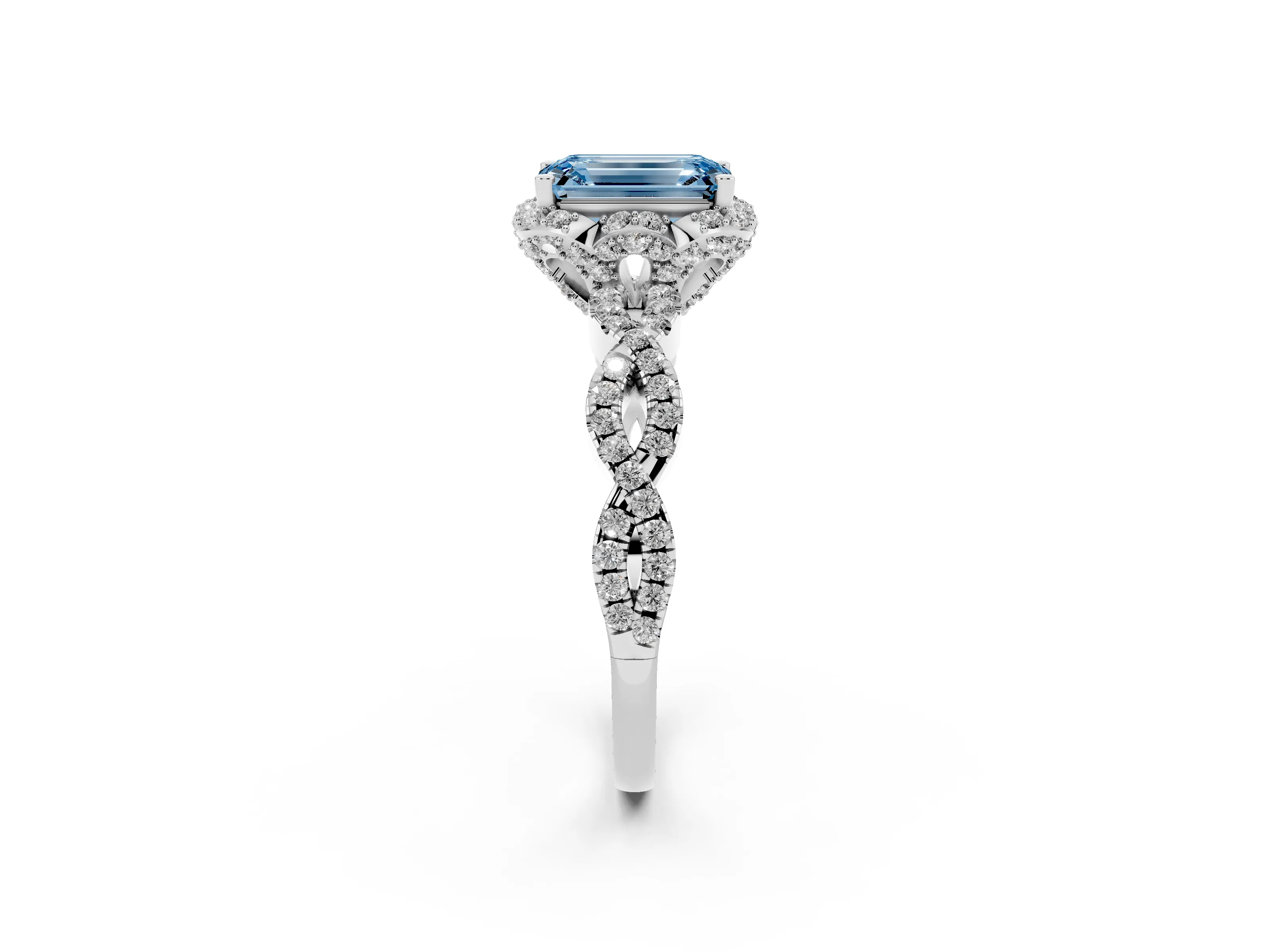 Fancy Blue Emerald Cut Diamond Halo Twist Band Solitaire Ring Set in Platinum with Prong-Set Center Stone
