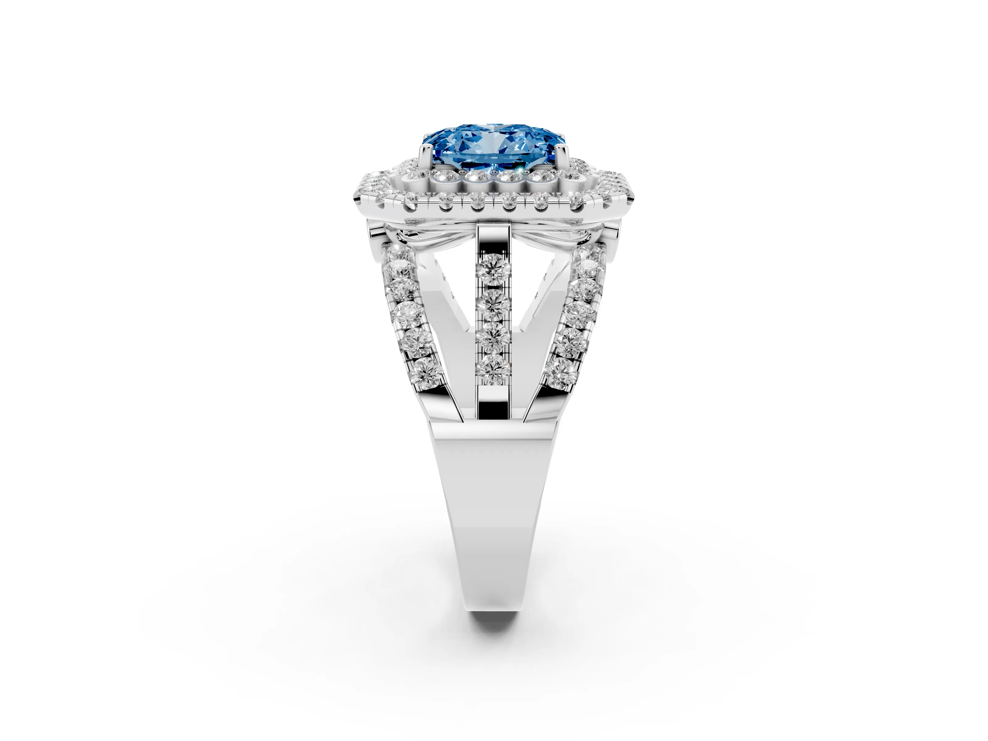 Fancy Blue Emerald Cut Diamond Double Halo Ring Set in Silver with Round Pavé Split Shank