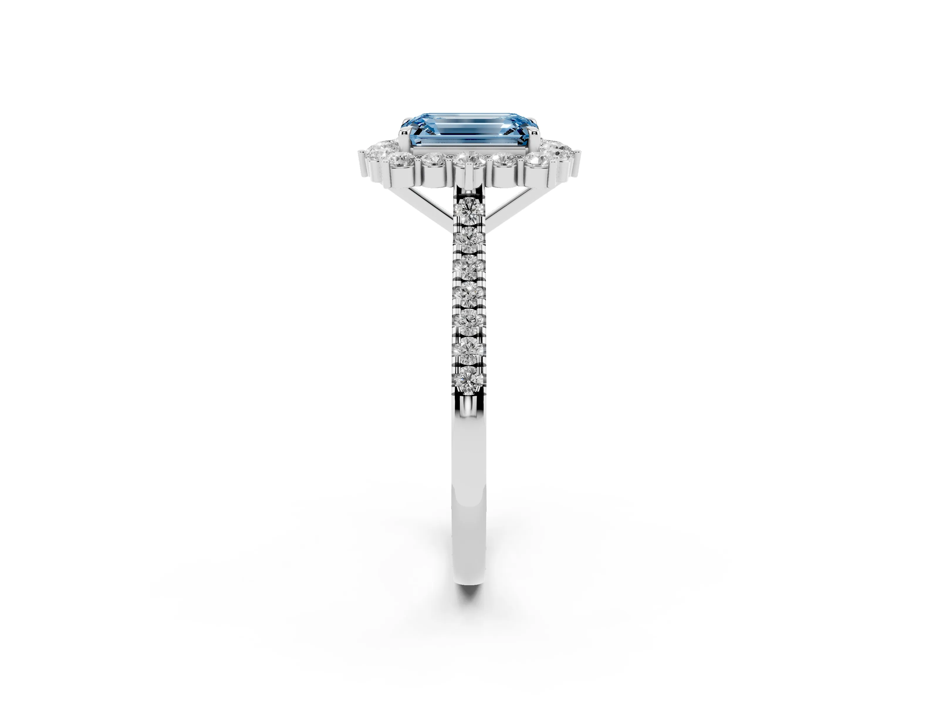 Fancy Blue Emerald Cut Diamond Halo Ring Set in Silver with Pavé Band and Prong Setting