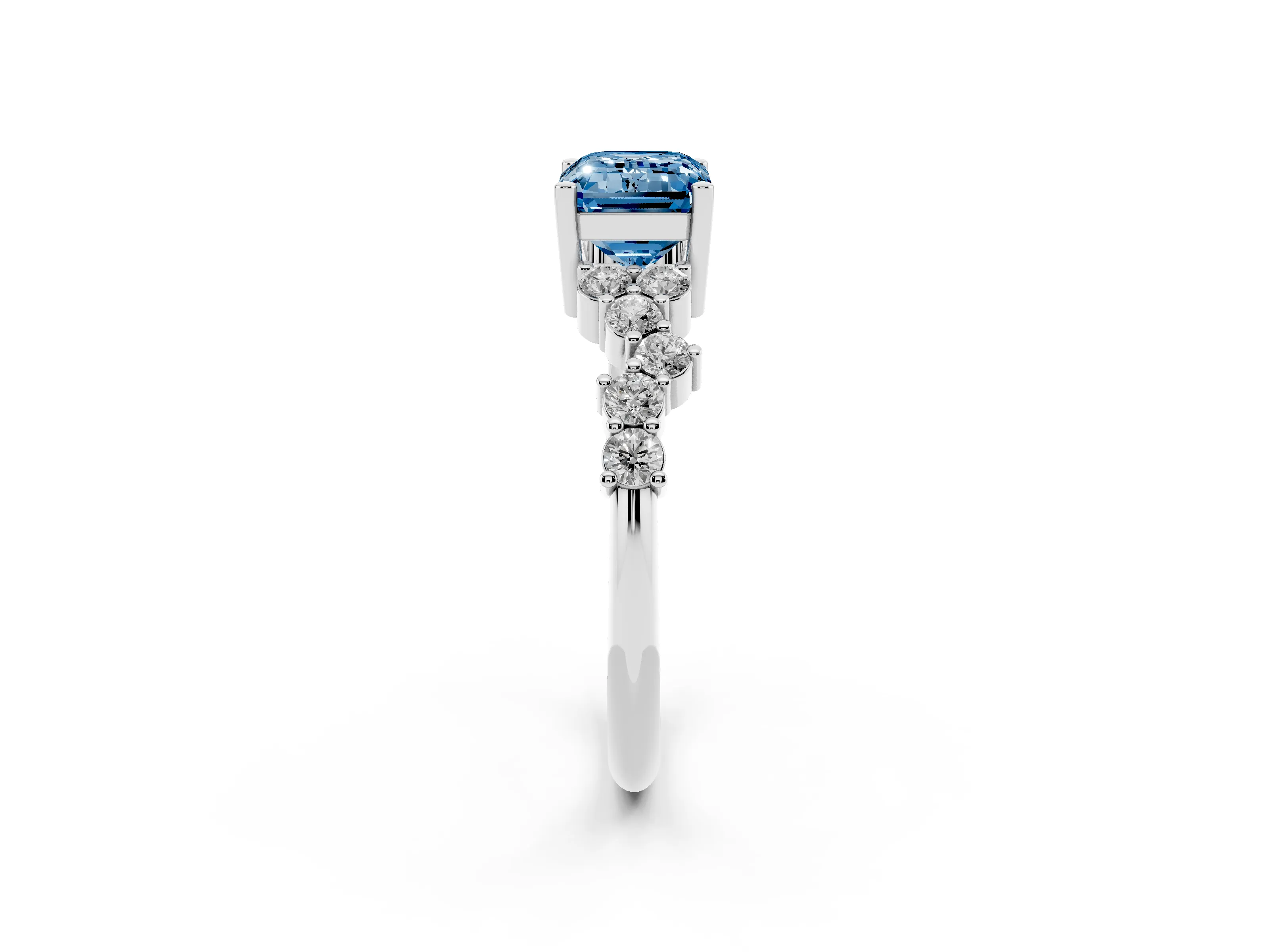 Fancy Blue Emerald Cut Diamond Ring Set in Silver with Scattered Round Accents