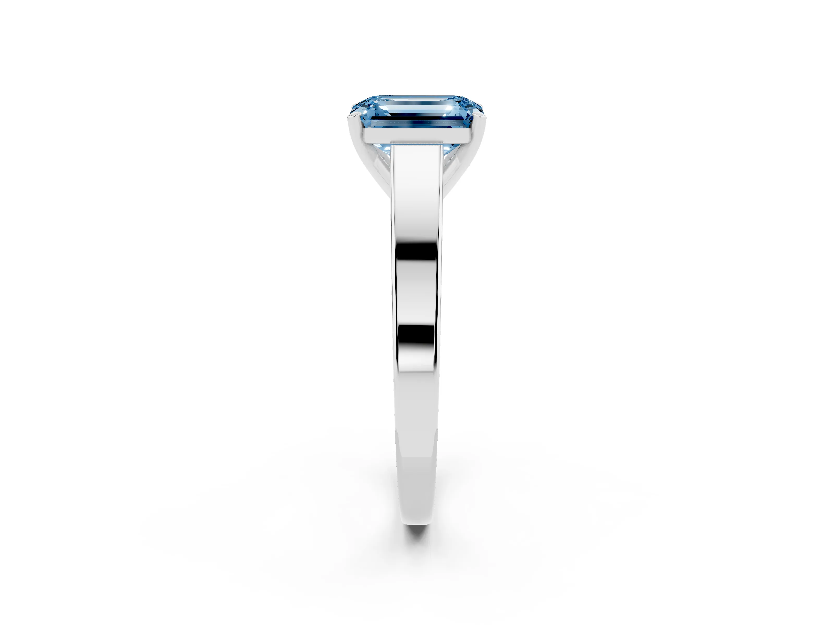 Fancy Blue Emerald Cut Diamond Solitaire Engagement Ring Set in White gold with Prong Setting and Tapered Band