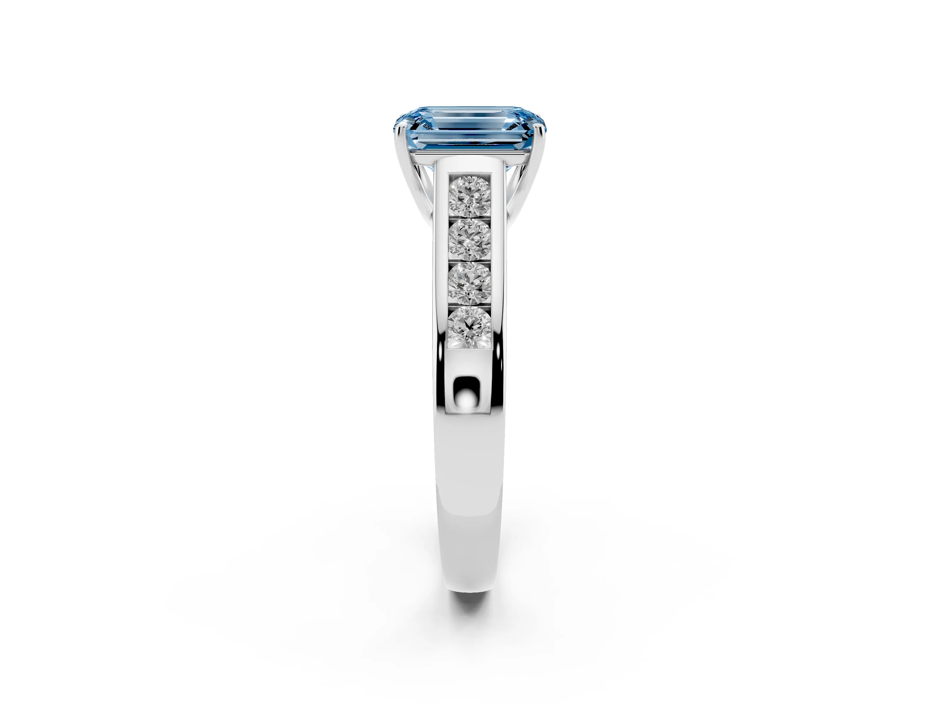Fancy Blue Emerald Cut Diamond Solitaire Channel-Set Engagement Ring Set in White gold with Prong Setting