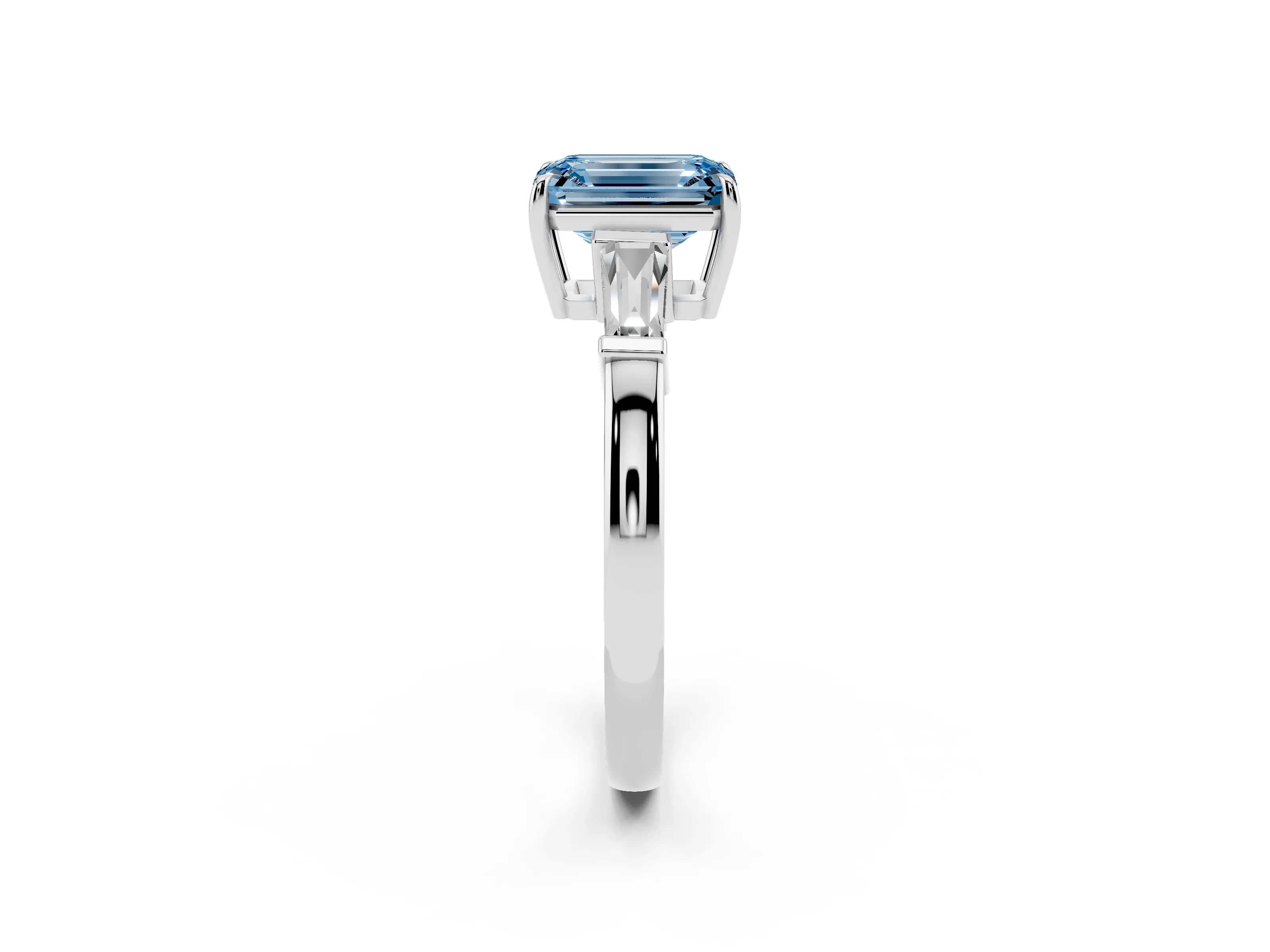 Fancy Blue Emerald Cut Diamond Three-Stone Ring Set in Platinum with Tapered Baguette Side Stones and Prong Setting