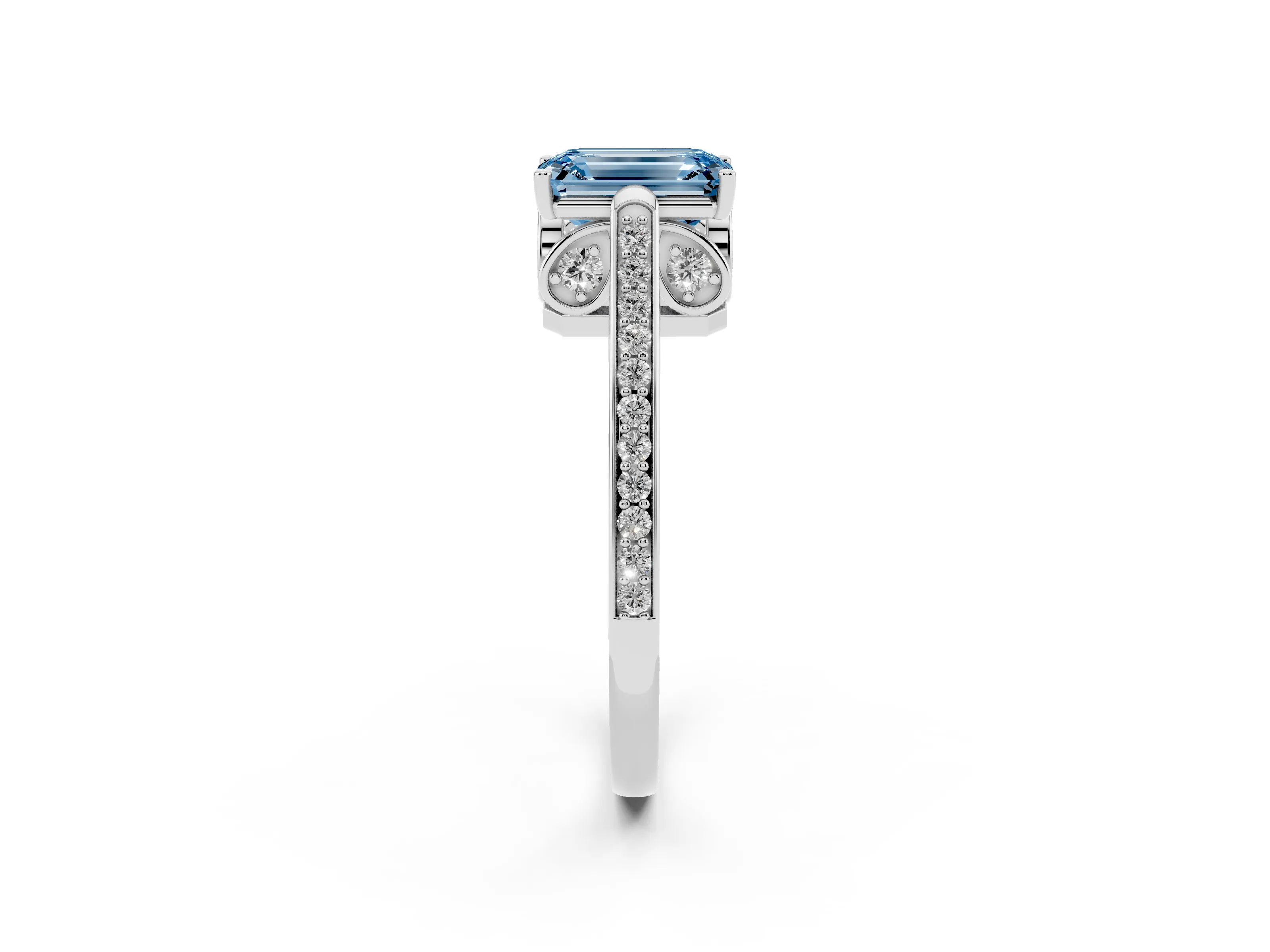 Fancy Blue Emerald Cut Diamond Cathedral Pavé Engagement Ring Set in Silver with Prong Setting