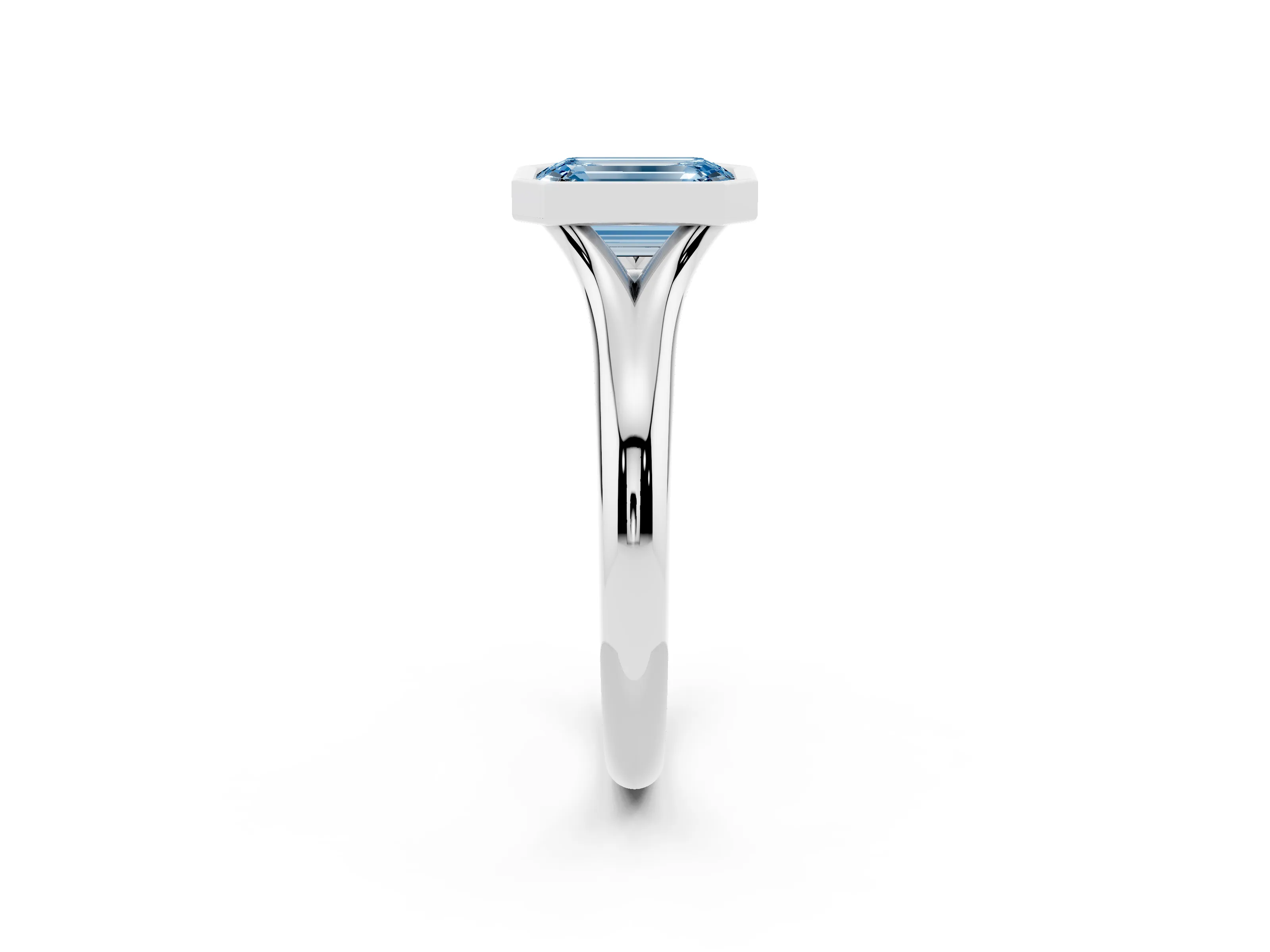 Fancy Blue Bezel Set Emerald Cut Diamond Solitaire Ring Set in White gold with Smooth Band