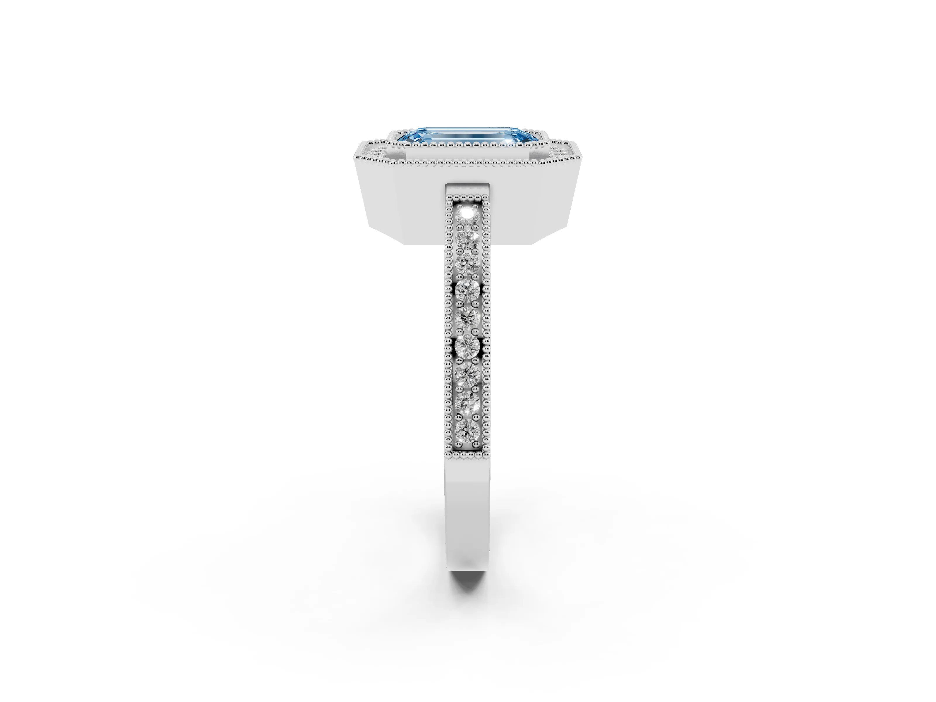 Fancy Blue Emerald Cut Diamond Halo Ring Set in White gold with Pavé Band and Milgrain-Edged Prongs