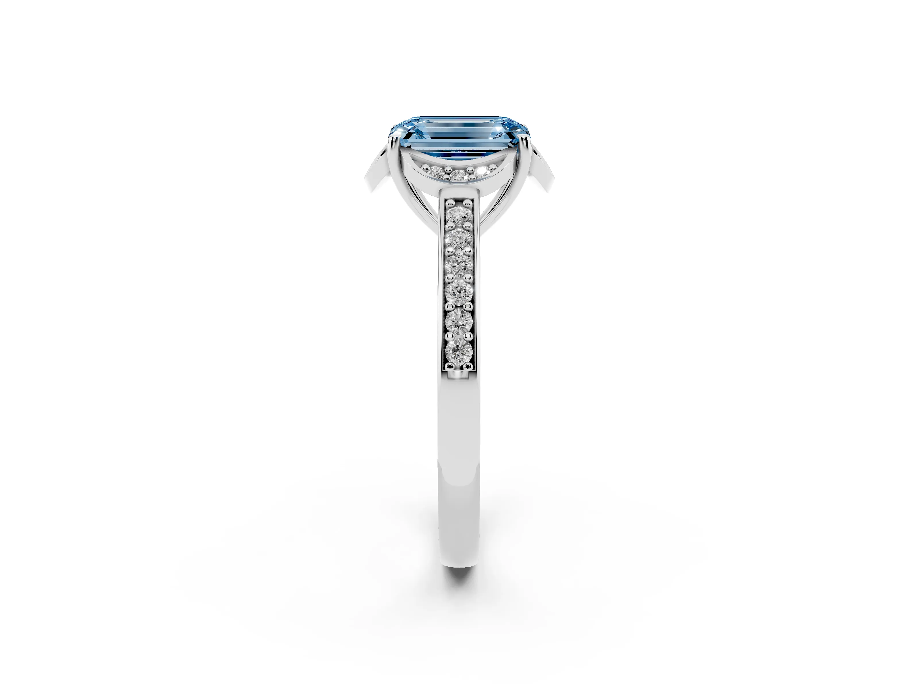 Fancy Blue Emerald Cut Diamond Halo Ring Set in Silver with Channel Set Band and Prong Setting