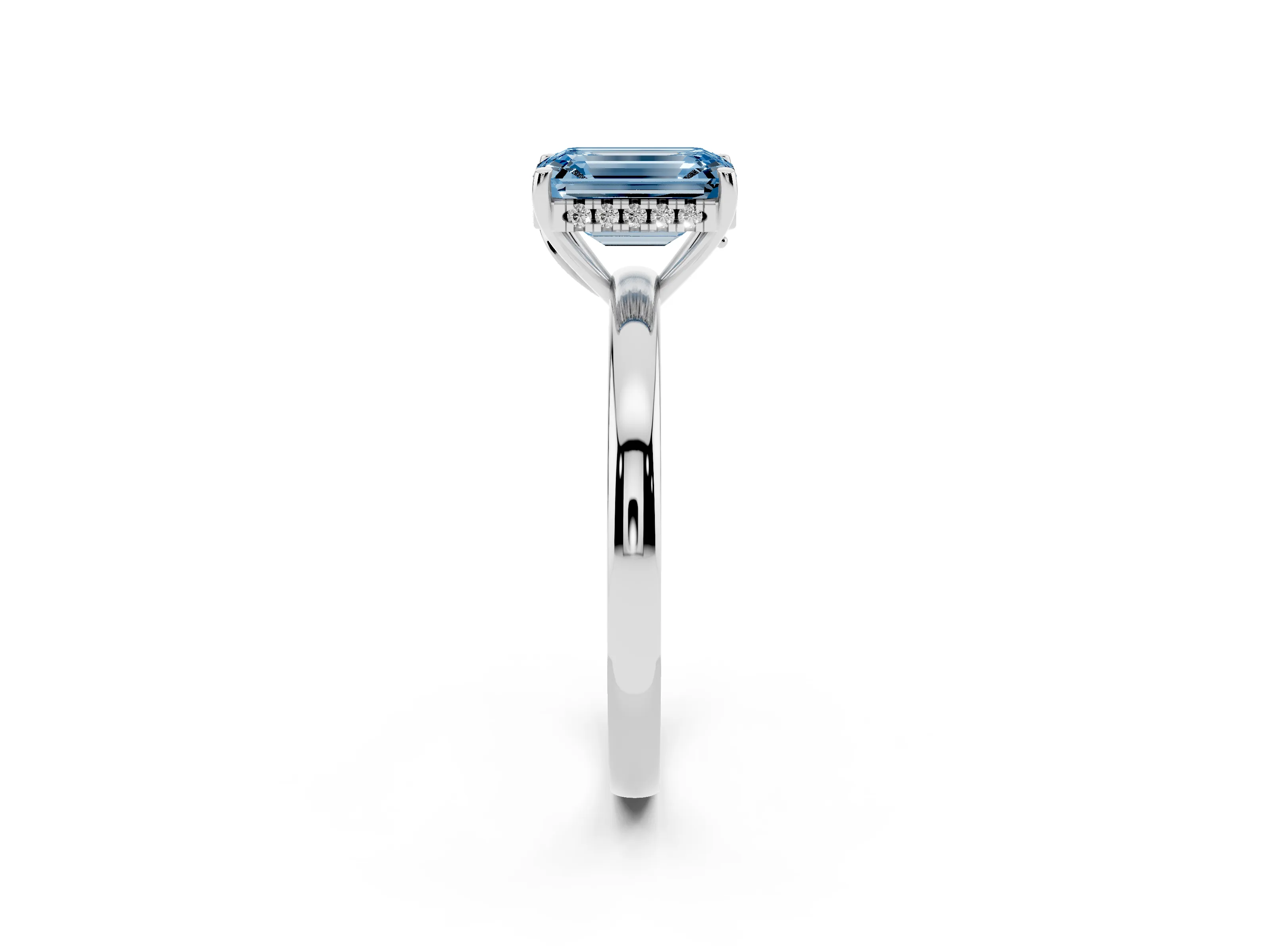 Fancy Blue Emerald Cut Diamond Solitaire Ring Set in Platinum with Plain Band and Prong Setting