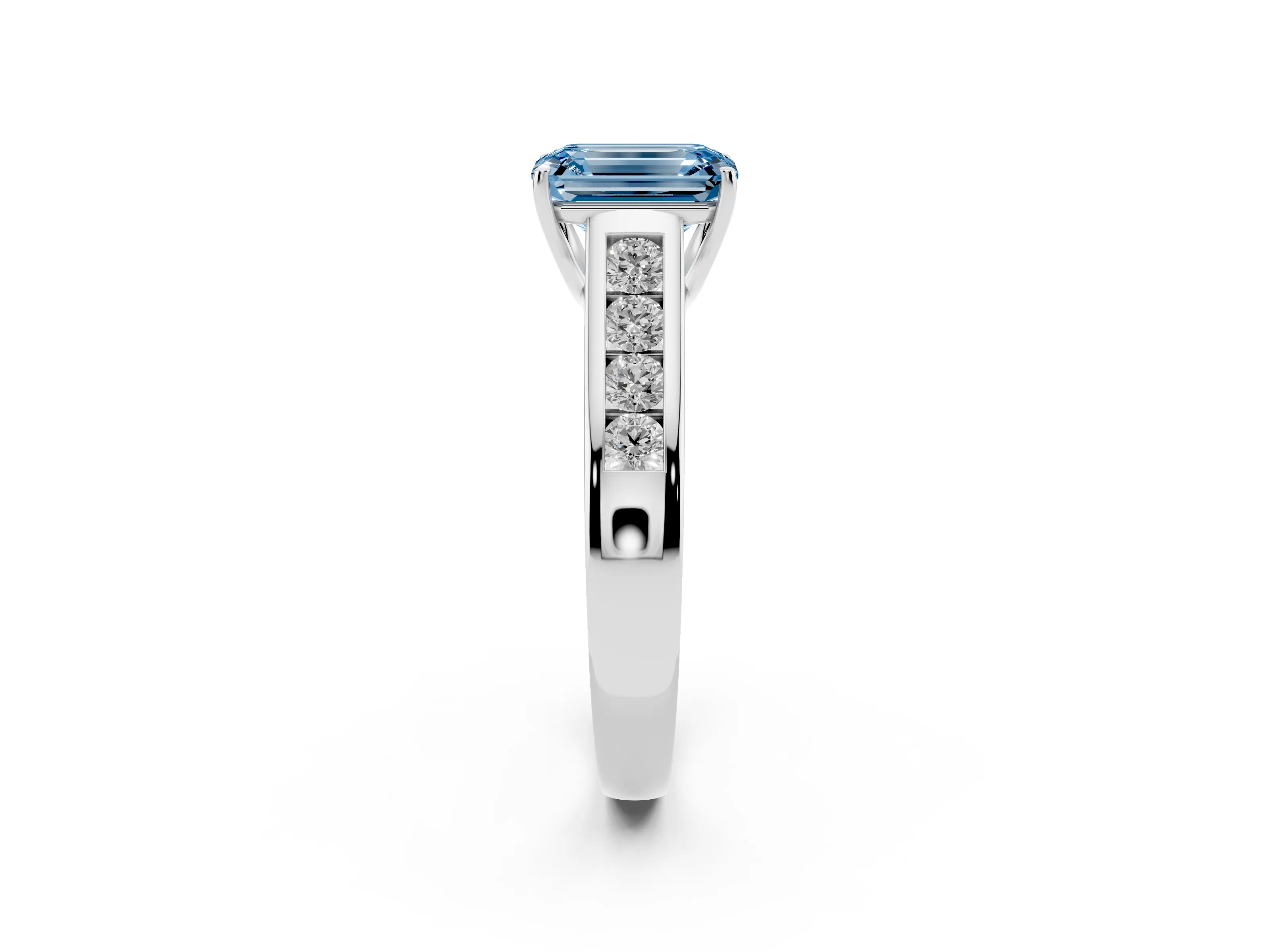 Fancy Blue Emerald Cut Diamond Brilliant Channel-Set Solitaire Ring Set in White gold with Prong Setting
