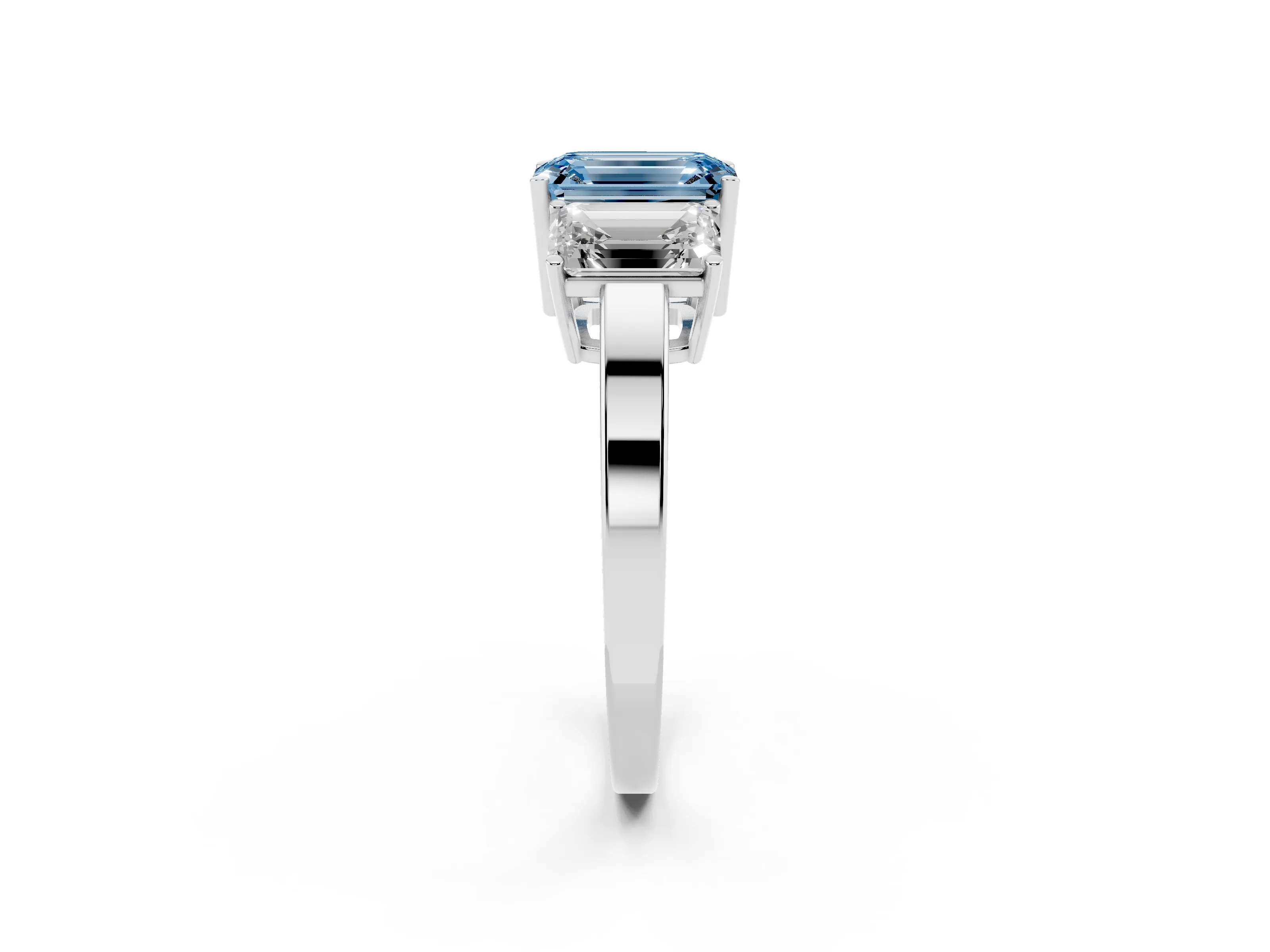 Fancy Blue Emerald Cut Diamond Three-Stone Engagement Ring Set in Silver with Flat Band