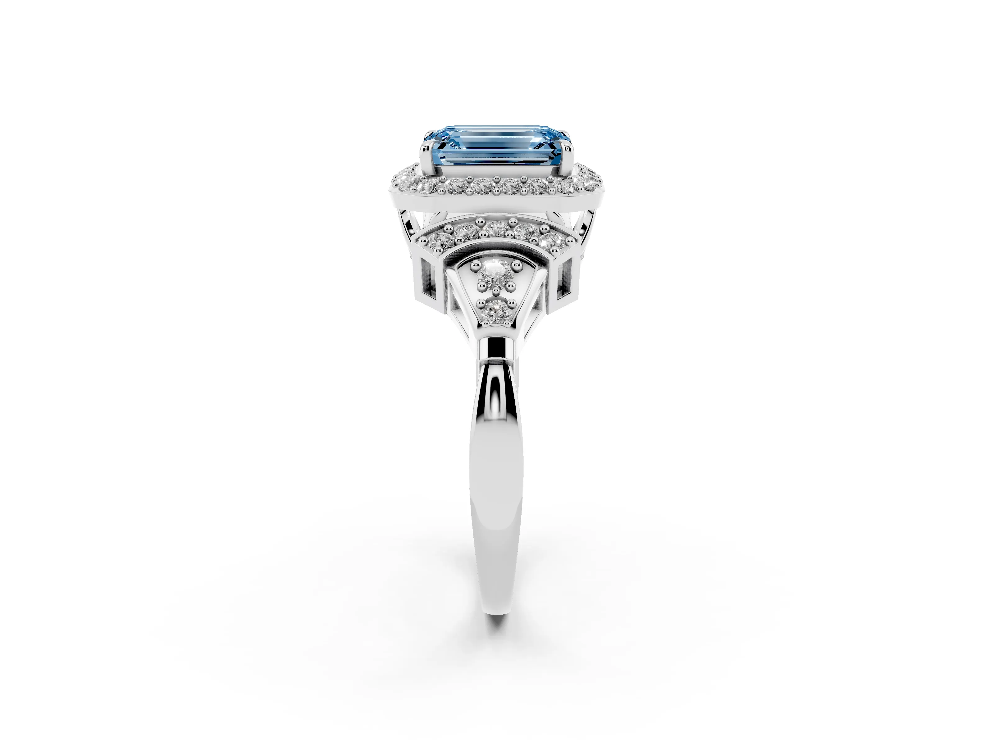 Fancy Blue Emerald Cut Diamond Halo Engagement Ring Set in Silver with Accent Stone Split Shank