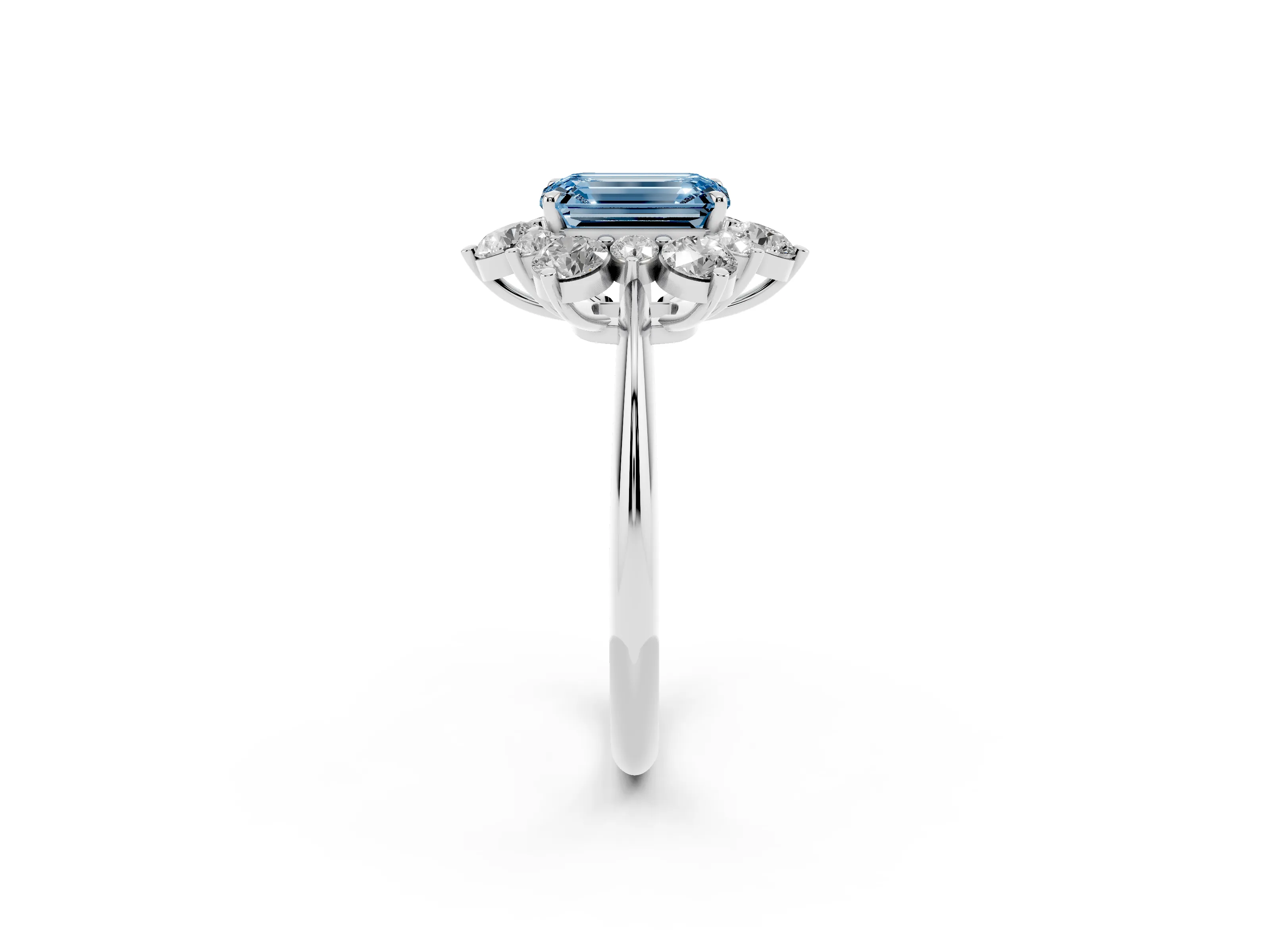Fancy Blue Emerald Cut Diamond Cluster Halo Ring Set in Silver with Solitaire Band and Prong Setting