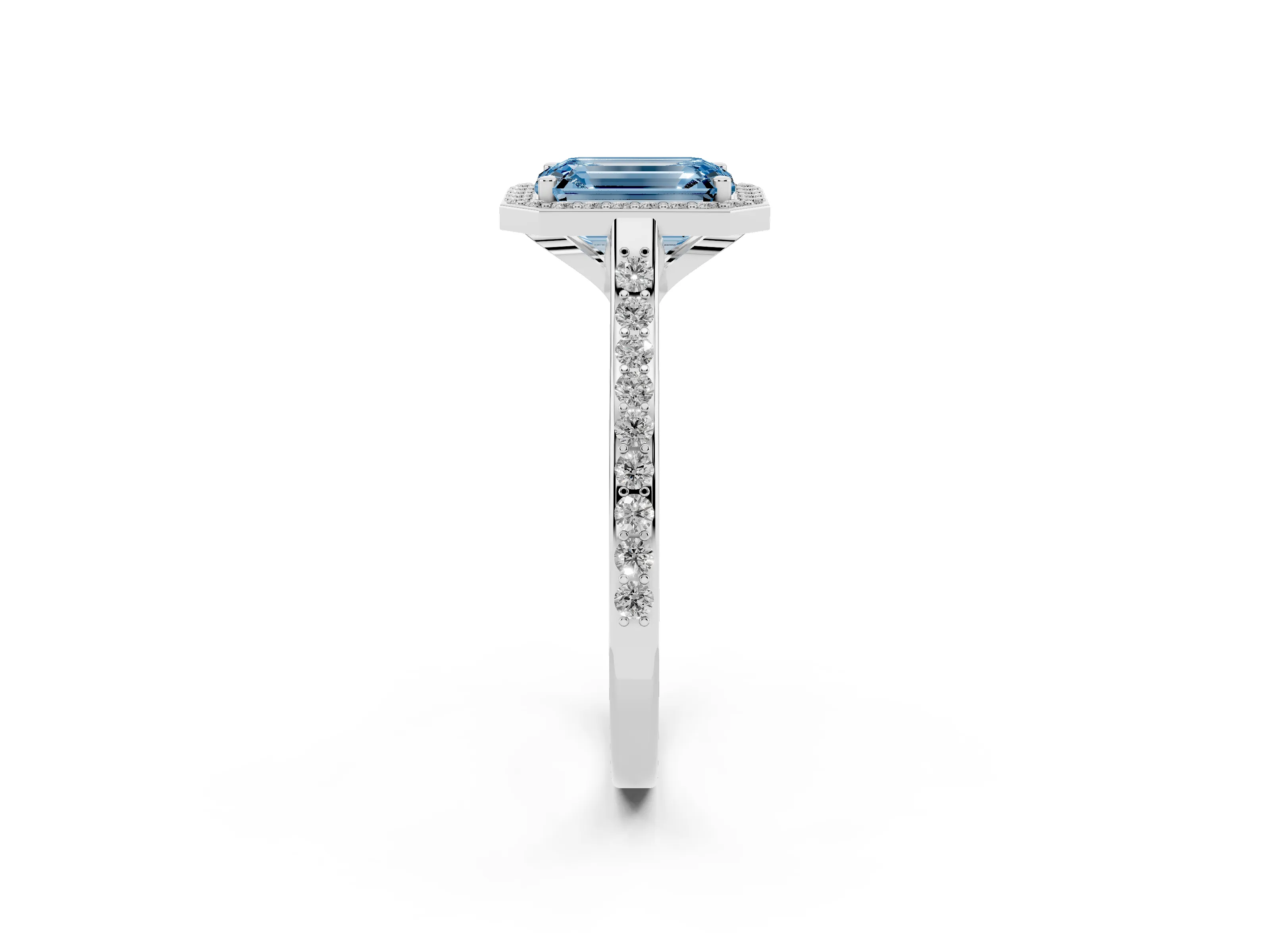 Fancy Blue Emerald Cut Diamond Halo Engagement Ring Set in Platinum with Round Pavé Shoulders and Heart Gallery