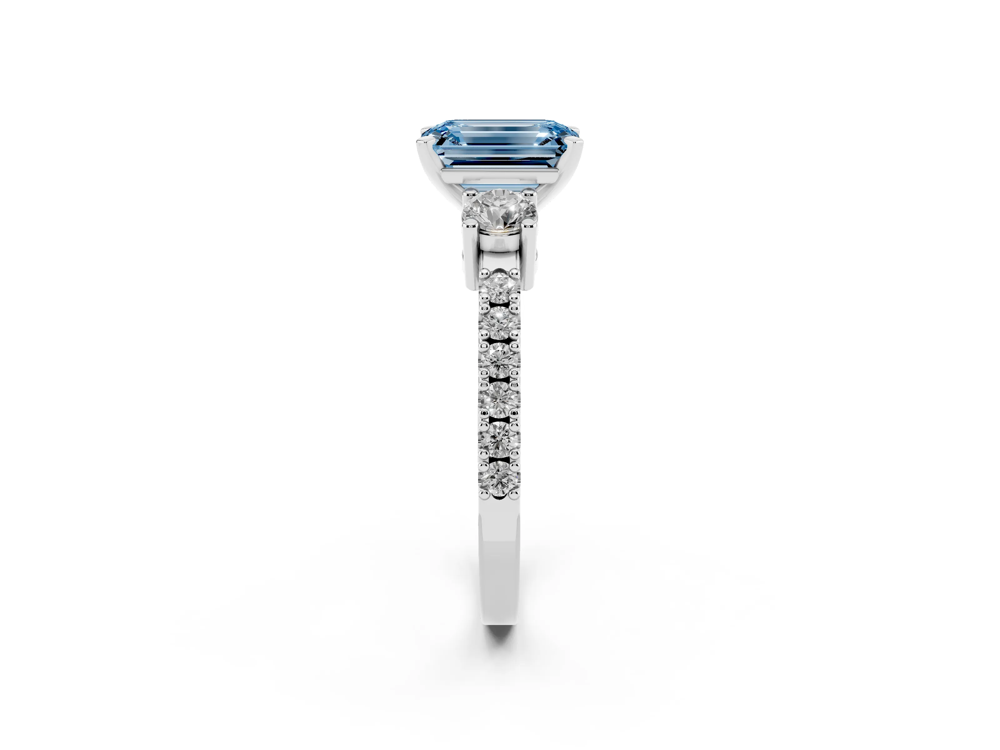 Fancy Blue Three-Stone Emerald Cut Diamond Pavé Band Ring Set in Silver with Prong Setting