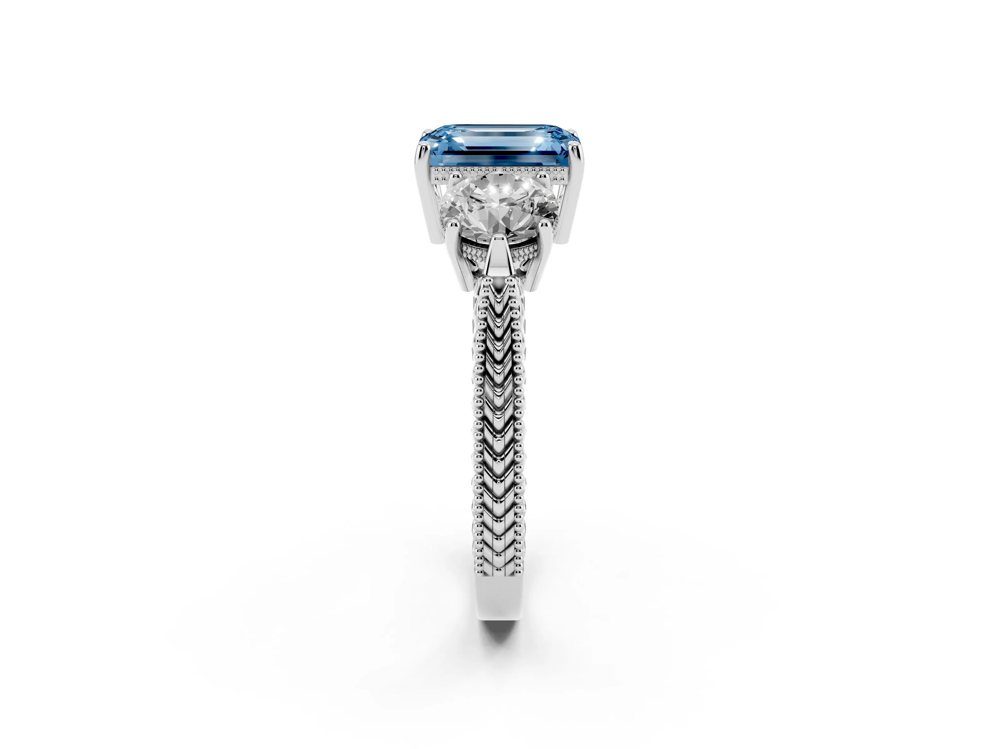 Fancy Blue Emerald Cut Diamond Three-Stone Ring Set in Silver with Milgrain Band