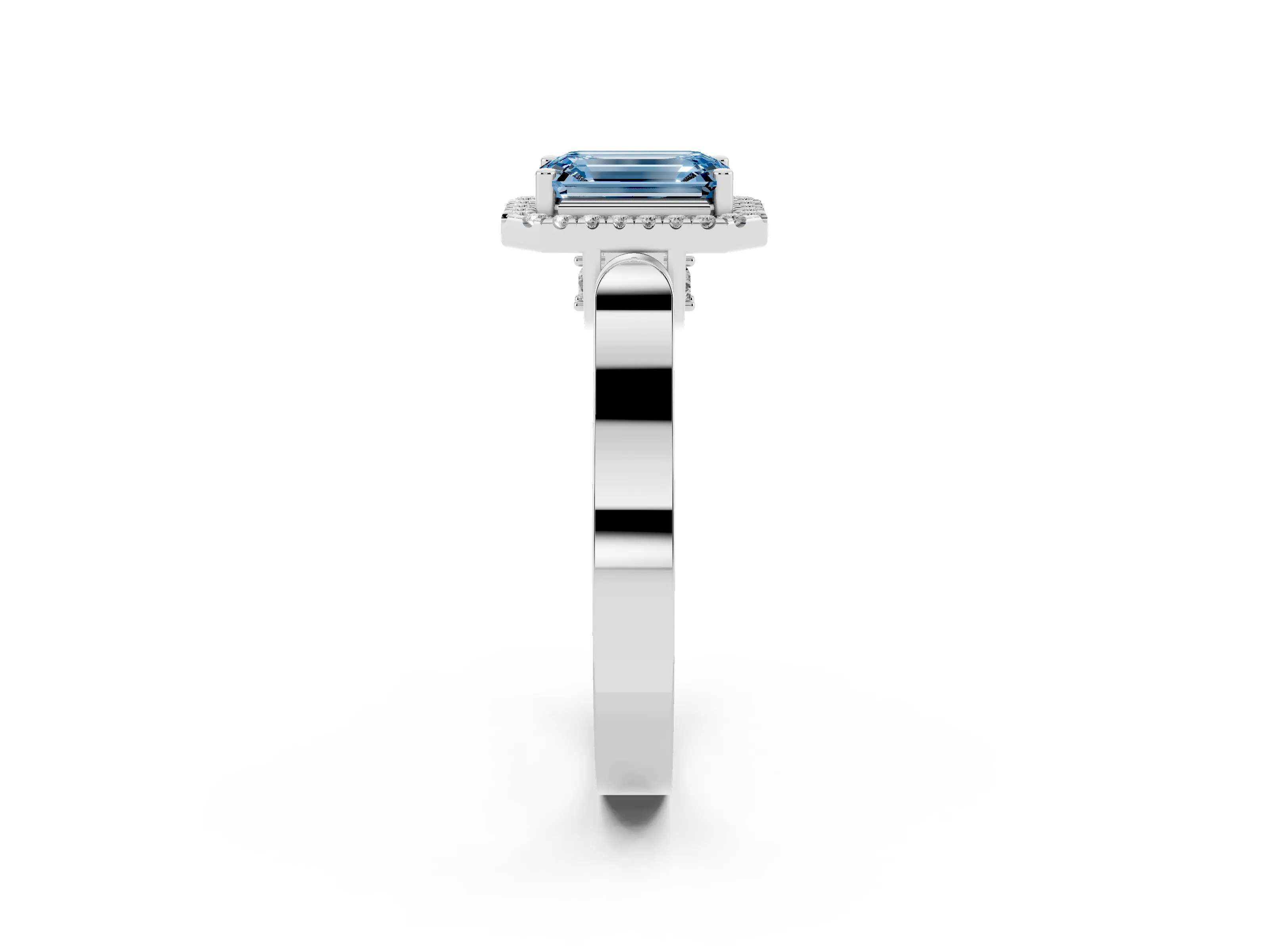 Fancy Blue Emerald Cut Diamond Halo Ring Set in Platinum with Pavé-Lined Split Shank Band