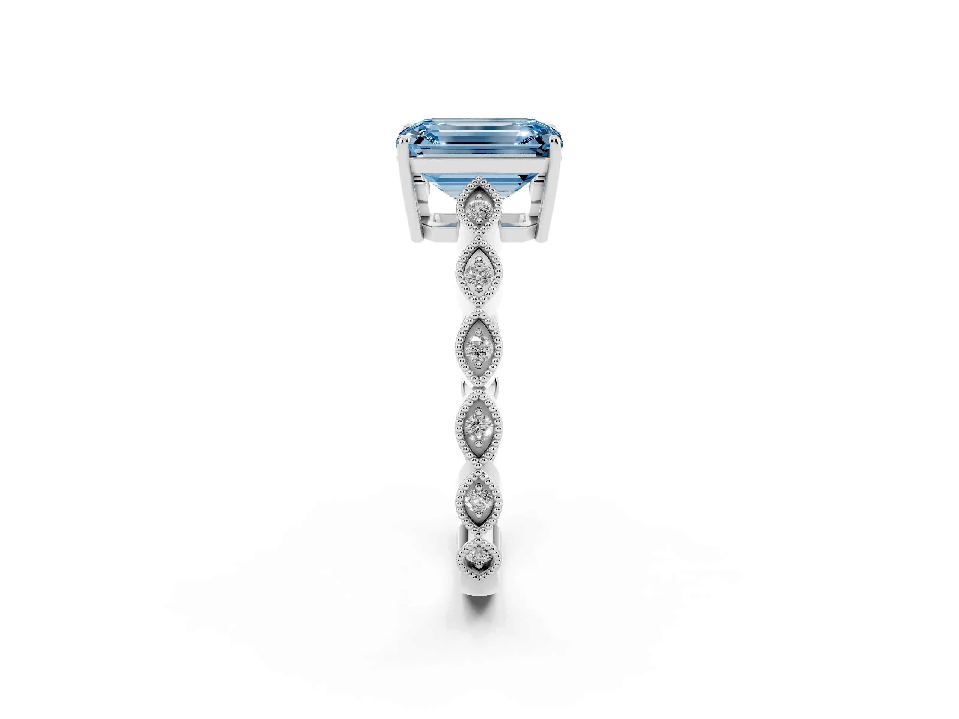 Fancy Blue Emerald Cut Diamond Solitaire Ring Set in White gold with Infinity Twist Pavé Band