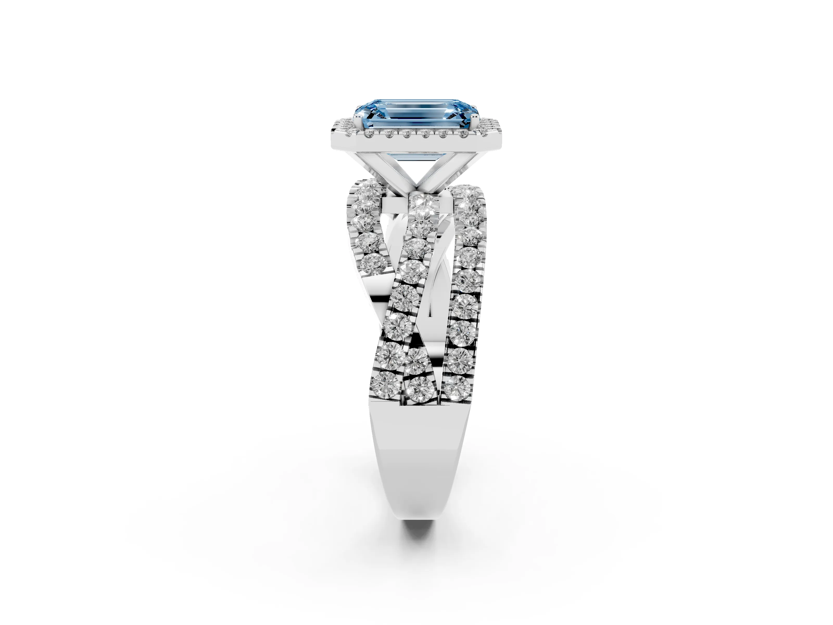 Fancy Blue Emerald Cut Diamond Halo Ring Set in Platinum with Round Crossover Split Shank and Prong Setting