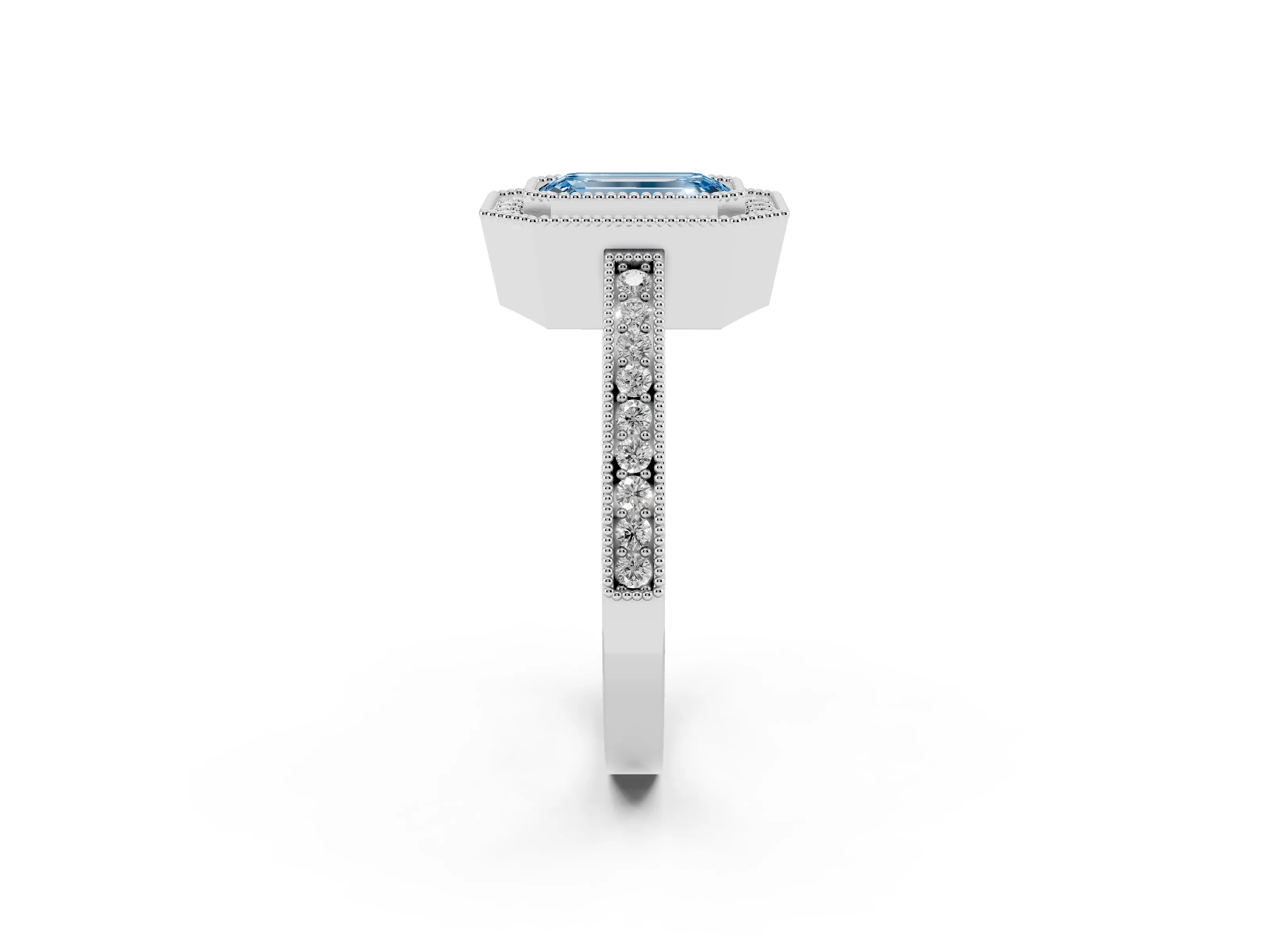 Fancy Blue Emerald Cut Diamond Round Halo Ring Set in Silver with Pavé Band