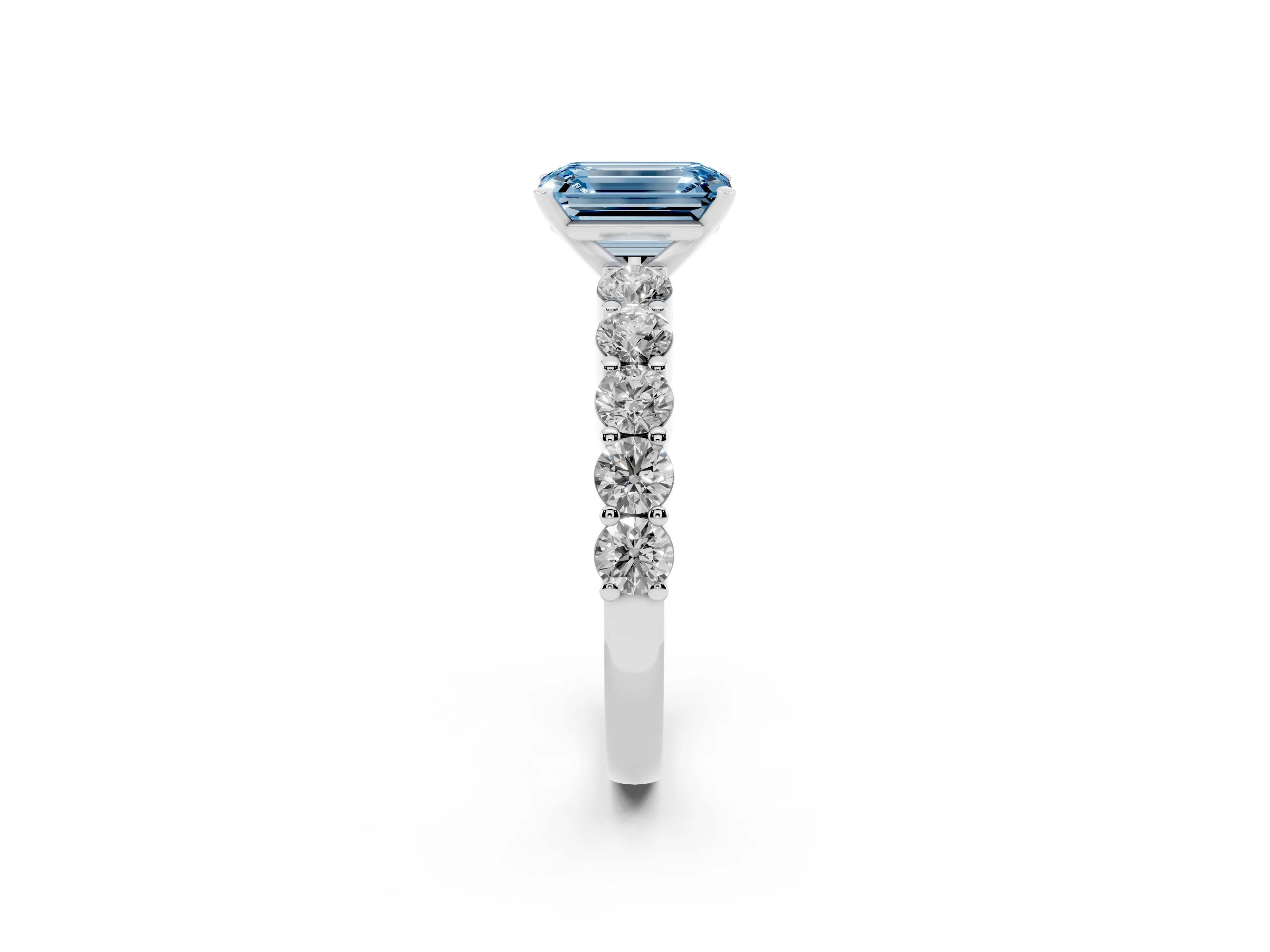 Fancy Blue Emerald Cut Diamond Solitaire Ring Set in White gold with Shared Prong Round Side Stones