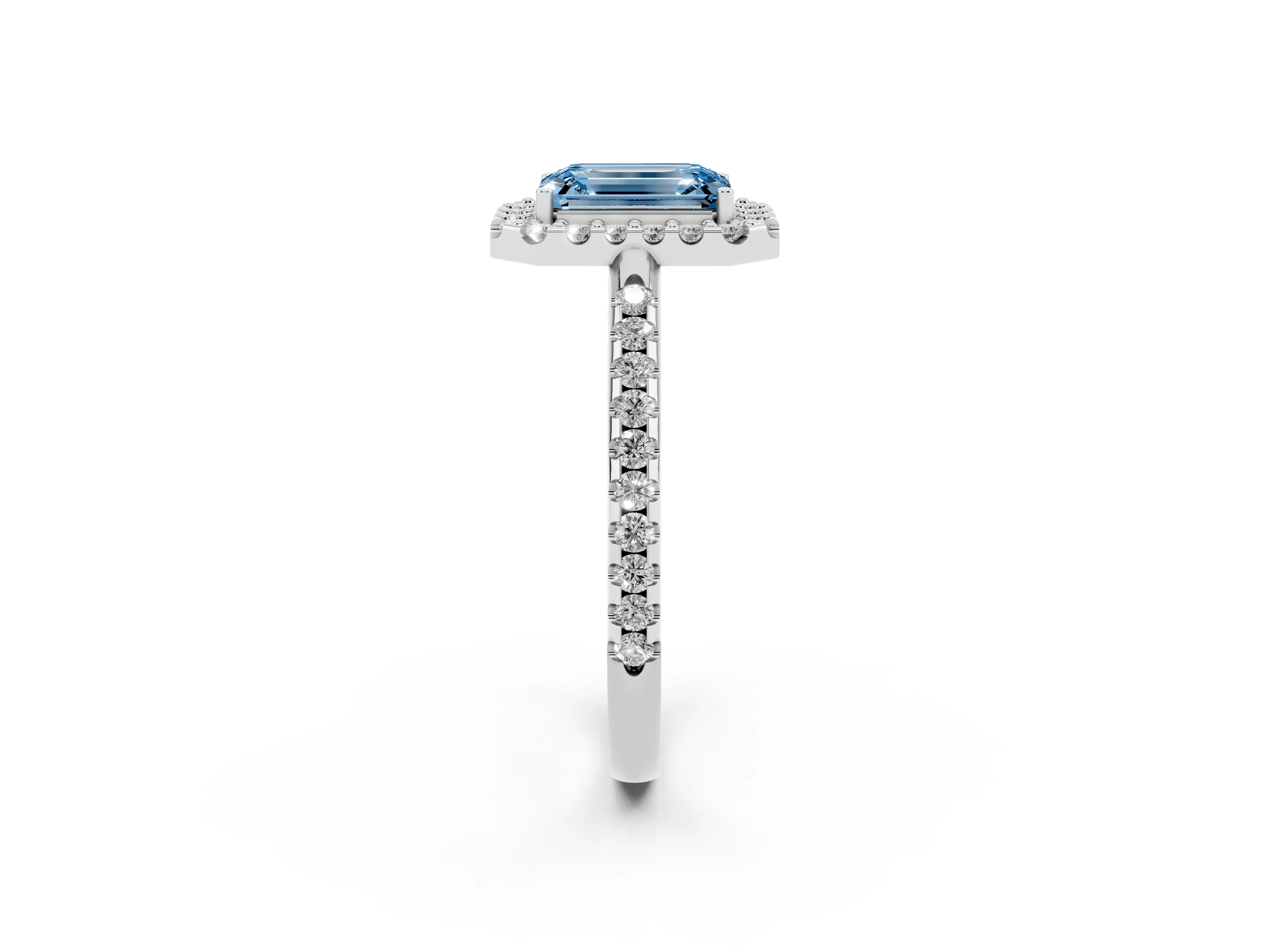 Fancy Blue Emerald Cut Diamond Pavé Halo Ring Set in Platinum with Prong Setting