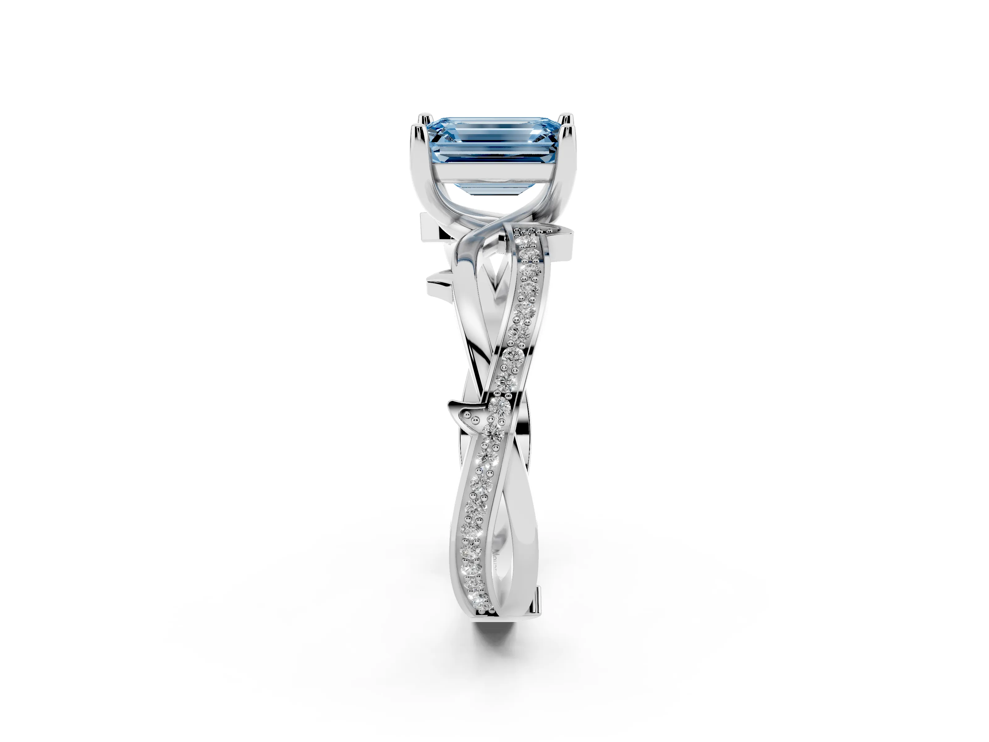 Fancy Blue Emerald Cut Diamond Pavé Twist Band Solitaire Ring Set in Silver with Prong Setting