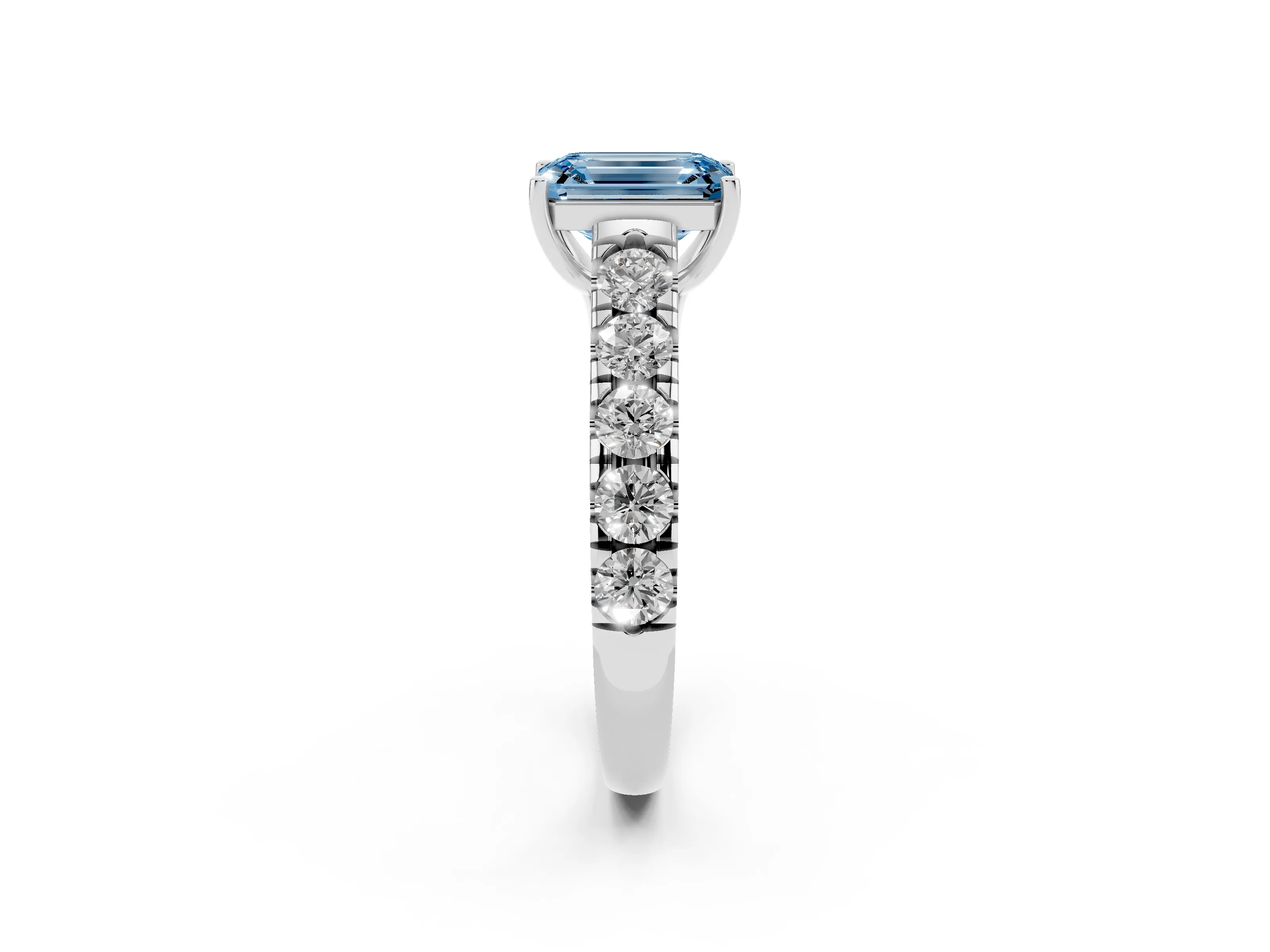 Fancy Blue Emerald Cut Diamond Solitaire Ring Set in Silver with Cut-Down Micro Pavé Band and Prong Setting