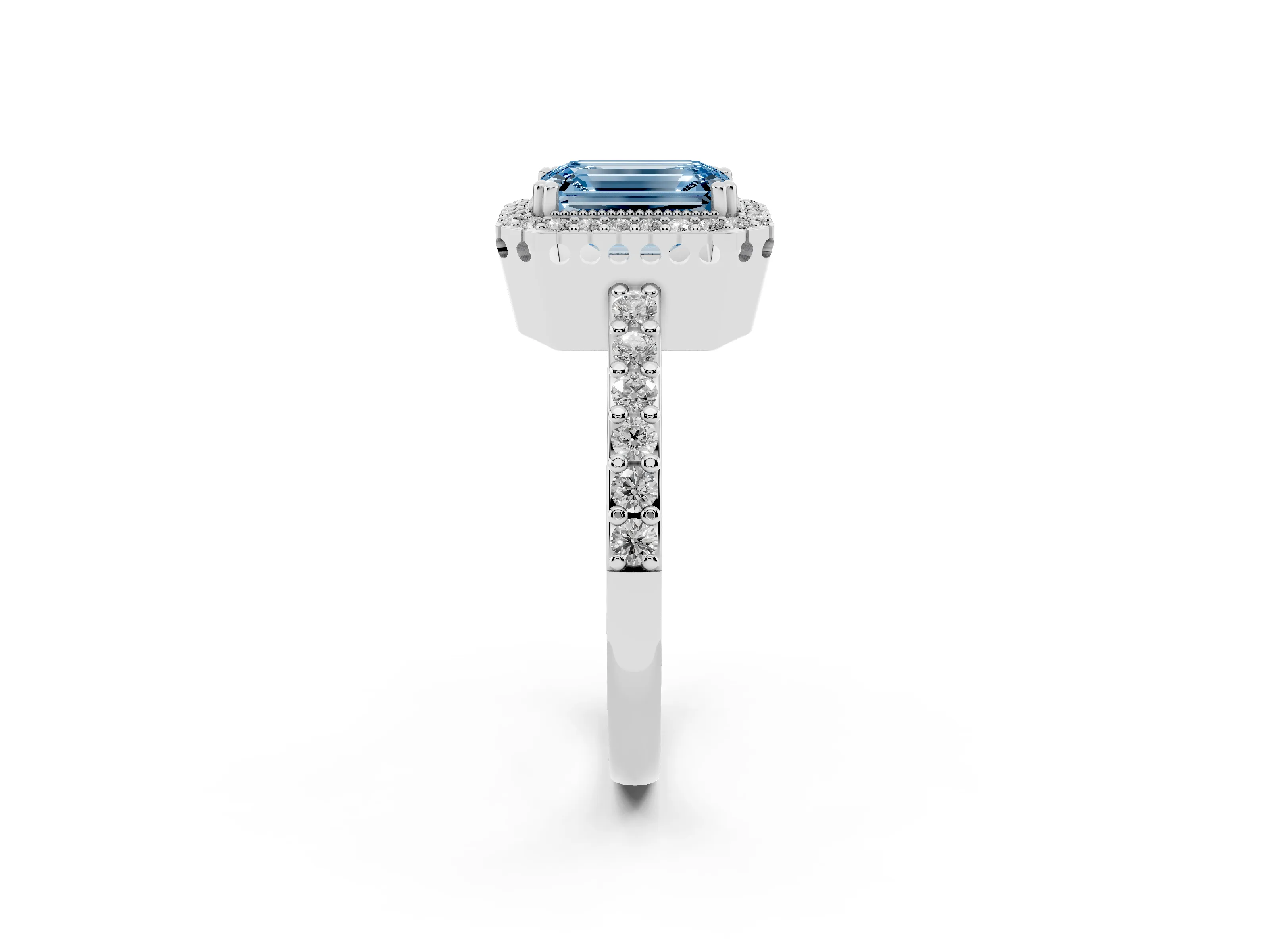 Fancy Blue Emerald Cut Diamond Halo Engagement Ring Set in White gold with Milgrain Detail and Pavé Band