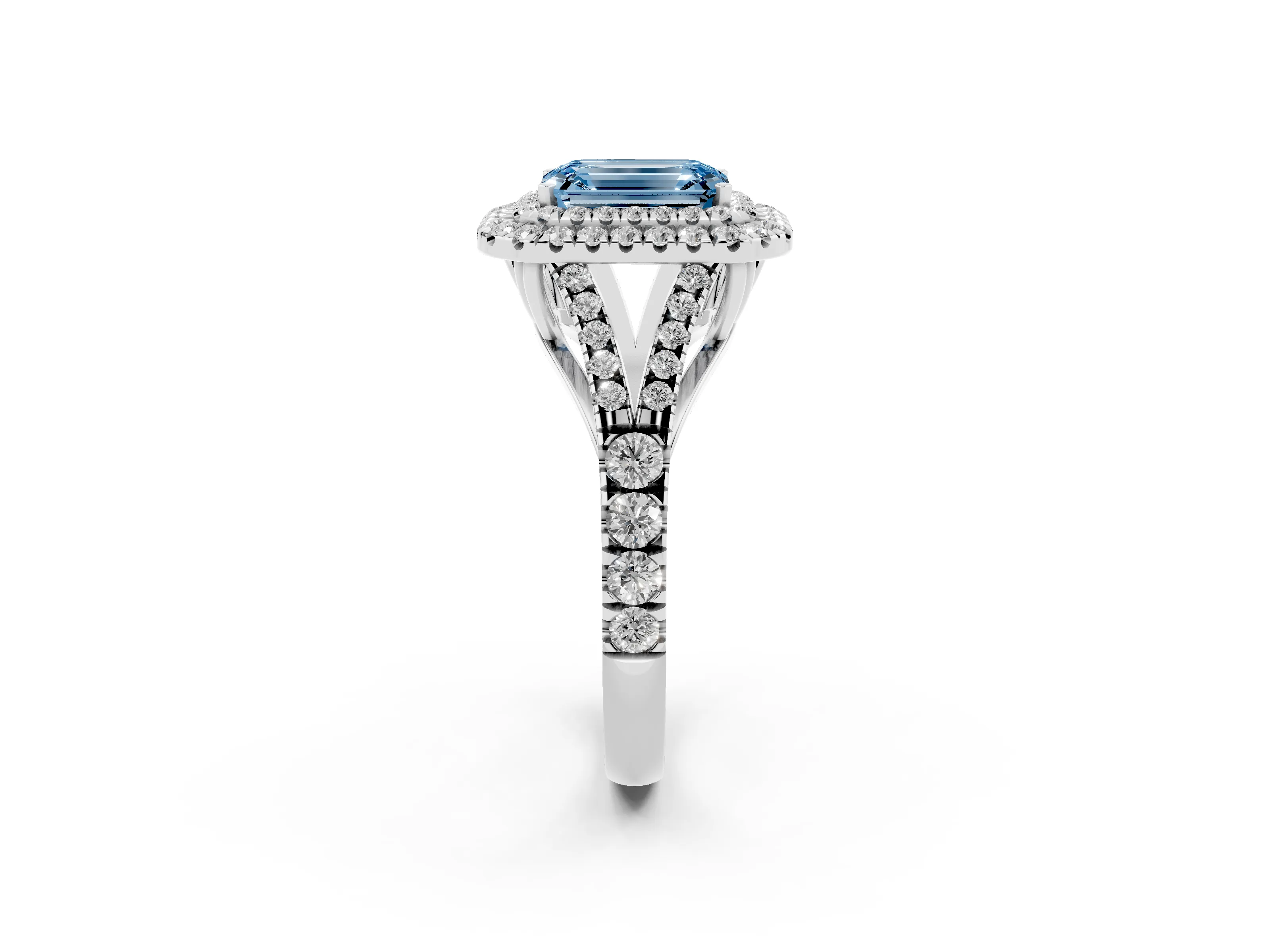 Fancy Blue Emerald Cut Diamond Pavé Split Shank Double Halo Engagement Ring Set in Platinum