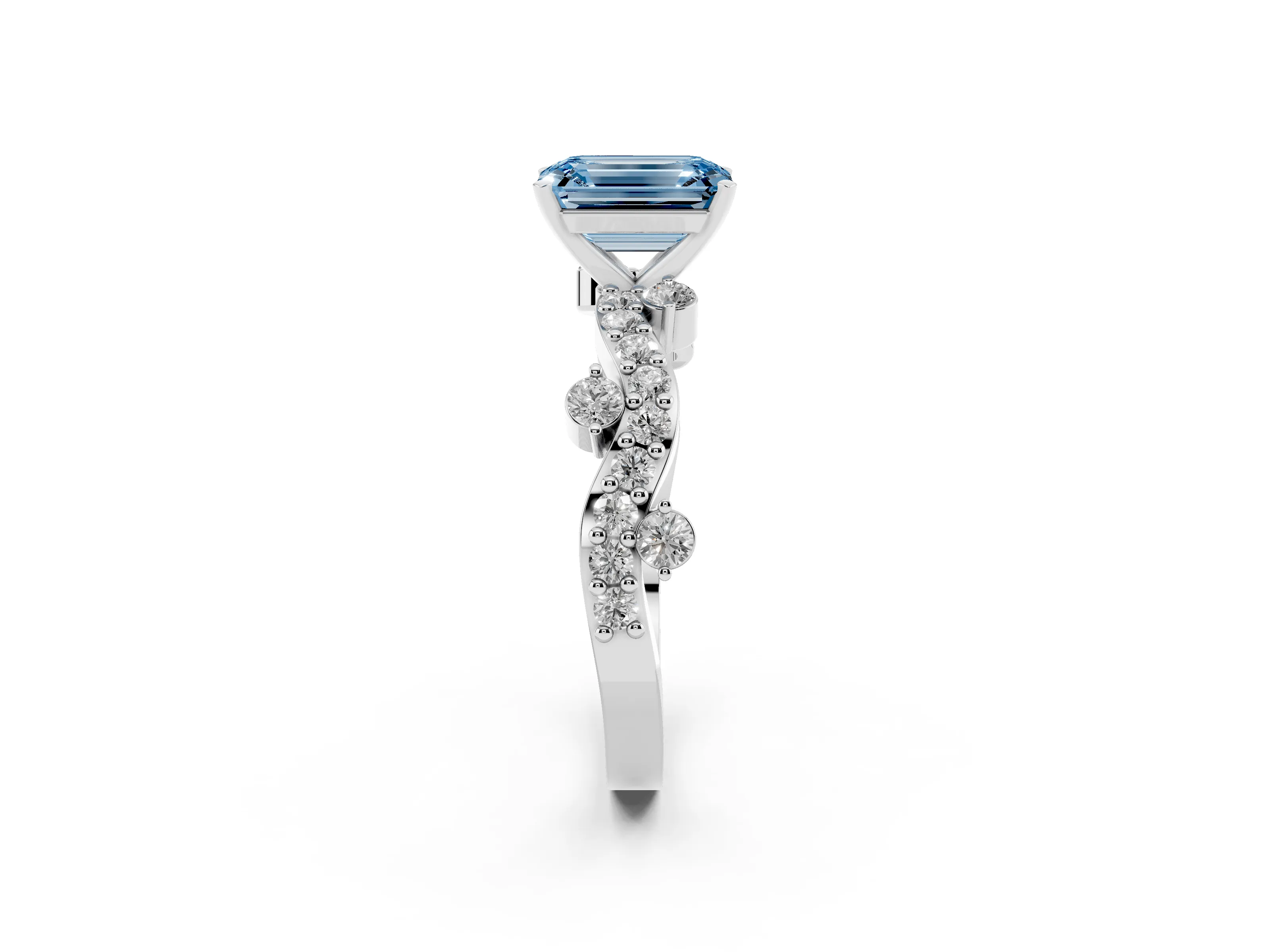 Fancy Blue Emerald Cut Diamond Solitaire Twisted Band Set in Silver with Pavé Setting