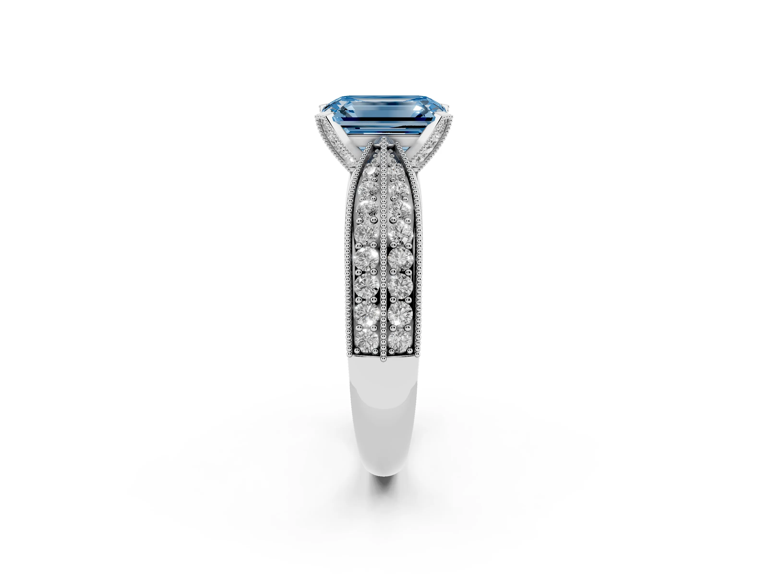 Fancy Blue Emerald Cut Diamond Solitaire Ring Set in Silver with Milgrain Double Row Round Pavé Band