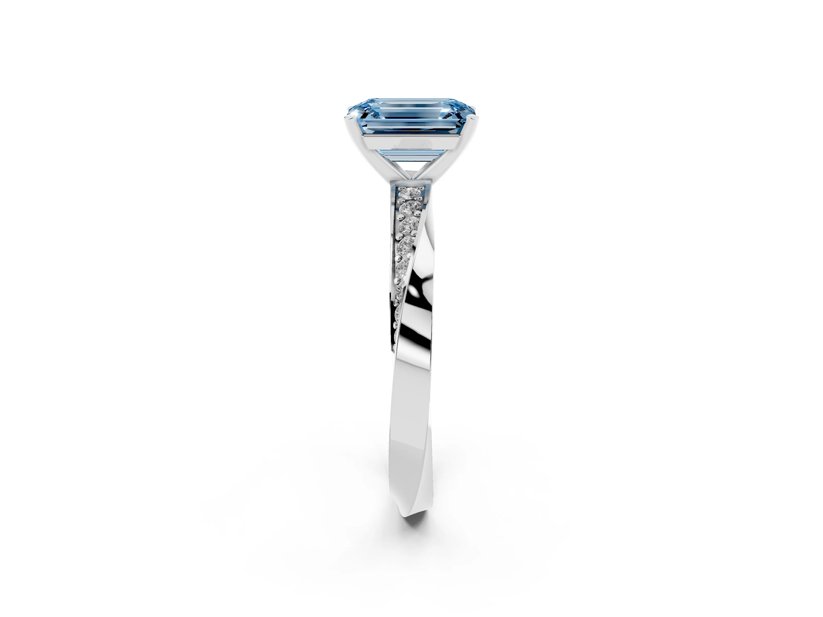 Fancy Blue Emerald Cut Diamond Engagement Ring Set in Silver with Side Stone Accents and Prong Setting