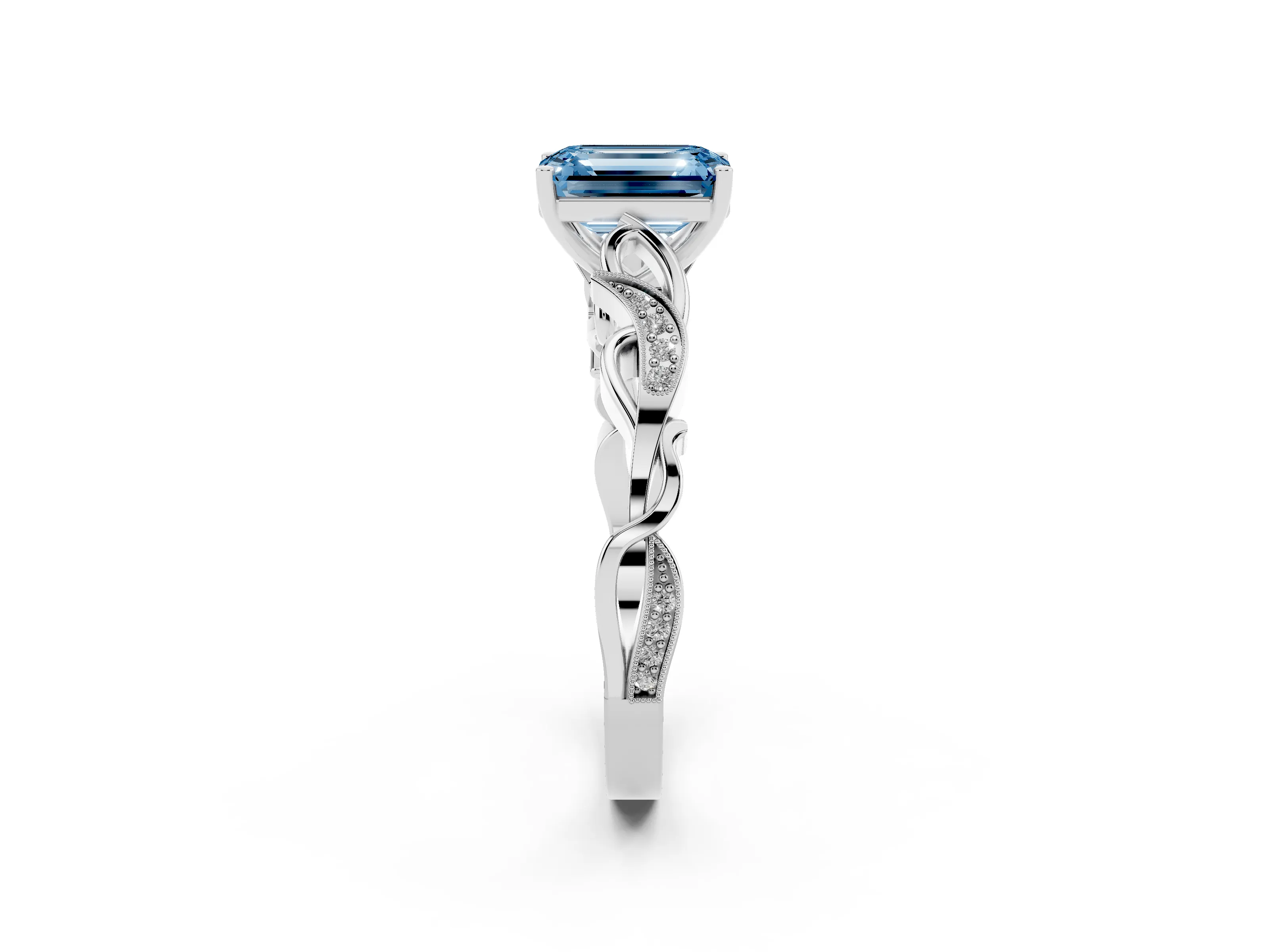Fancy Blue Emerald Cut Diamond Vine Band Solitaire Ring Set in White gold with Milgrain Prong Setting