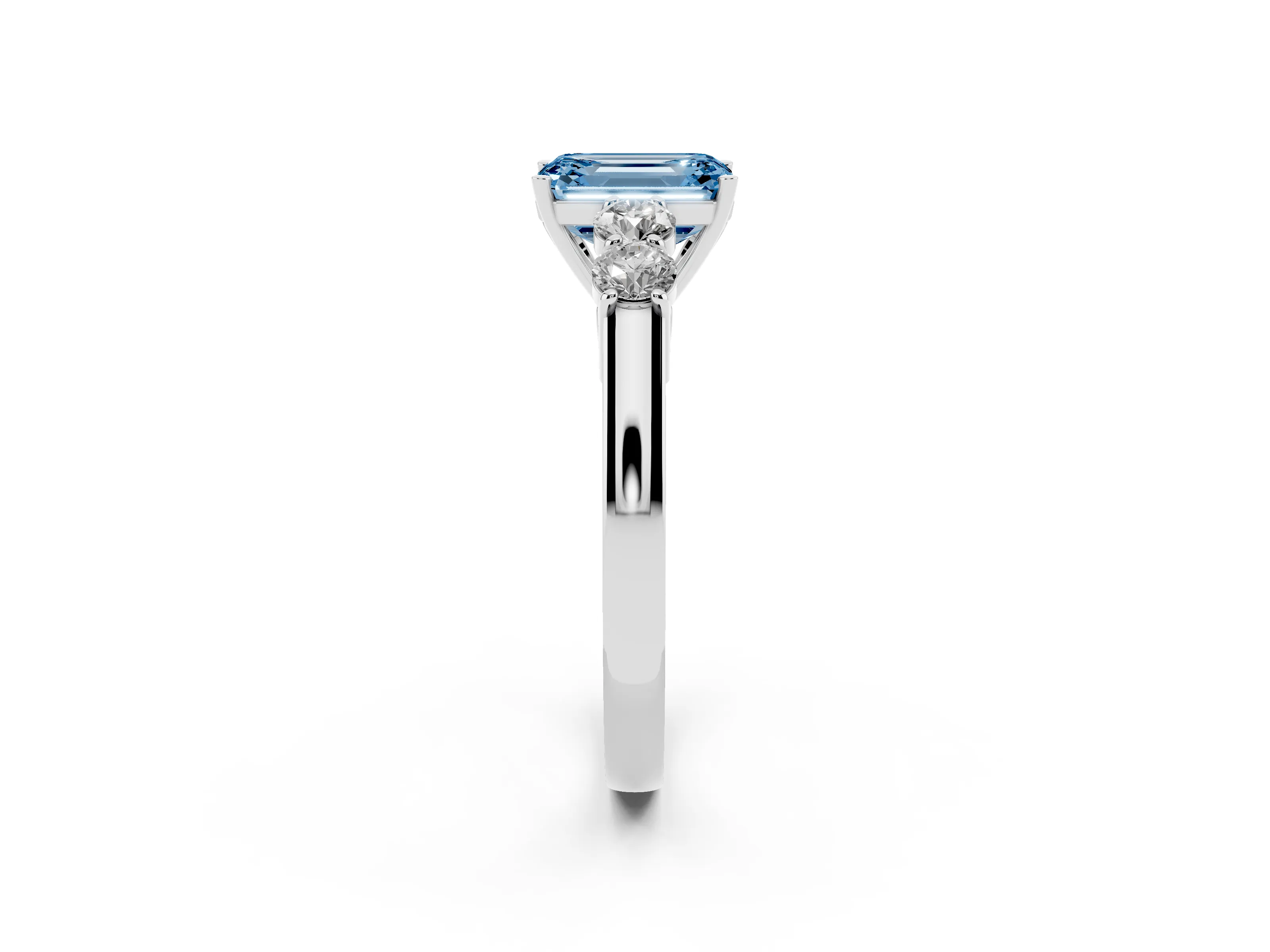 Fancy Blue Emerald Cut Diamond Five-Stone Prong Set Band Ring Set in Platinum with Polished Band